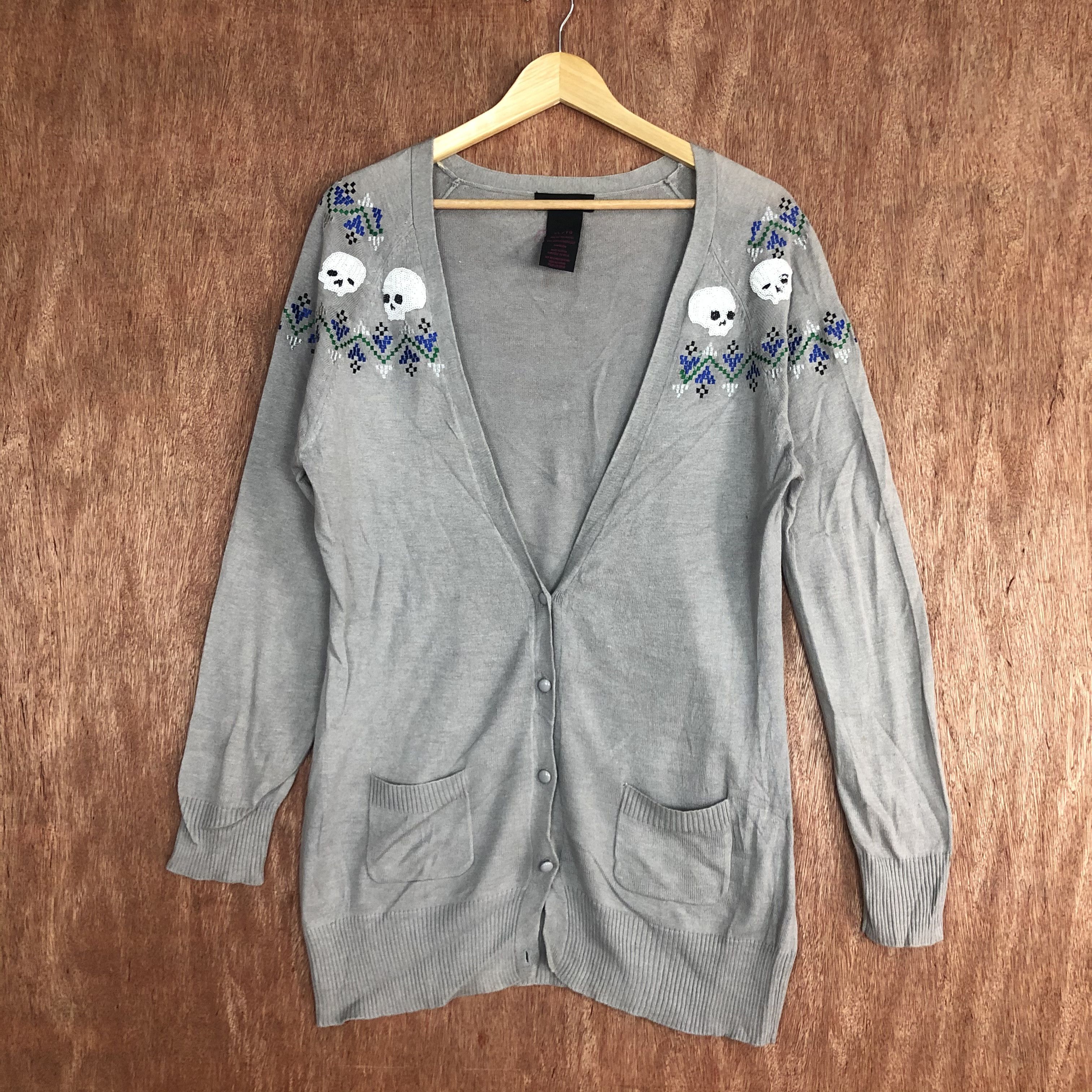 image of Material Girl Skull Grey Cardigan Knitwear C510, Women's (Size XL)