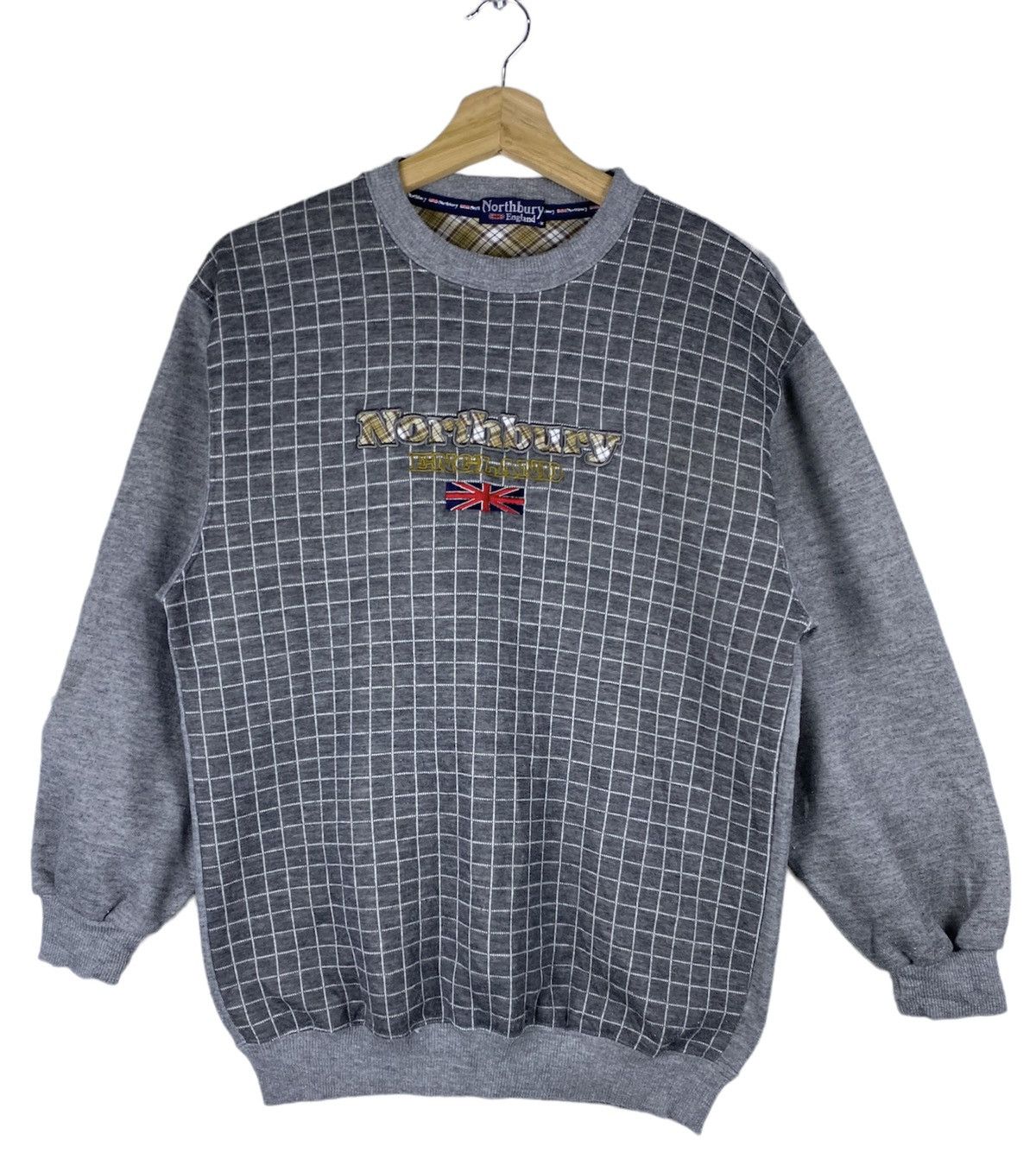 image of Gone Vintage Checkered North Bury England Sweatshirt, Men's (Size Medium)
