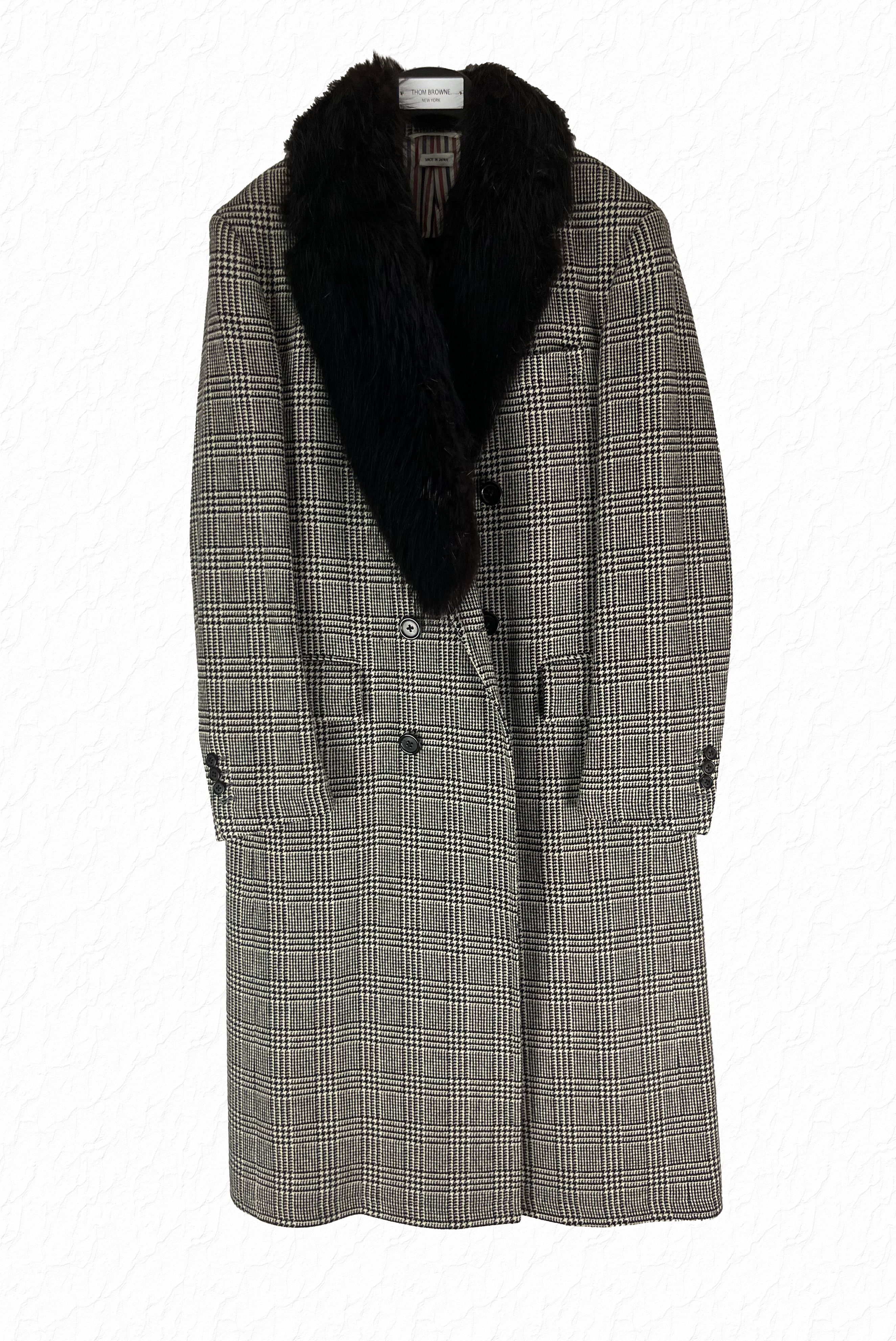 image of Thom Browne Black Beaver Fur Collar Wool Plaid Double Breasted Coat Fw15 in Gray Plaid (Size XS)