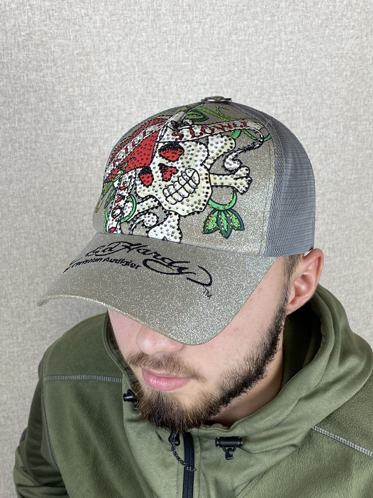 Christian Audigier × Ed Hardy × Vintage Ed Hardy by Christian silver sculls trucker cap Size ONE SIZE - 3 Thumbnail