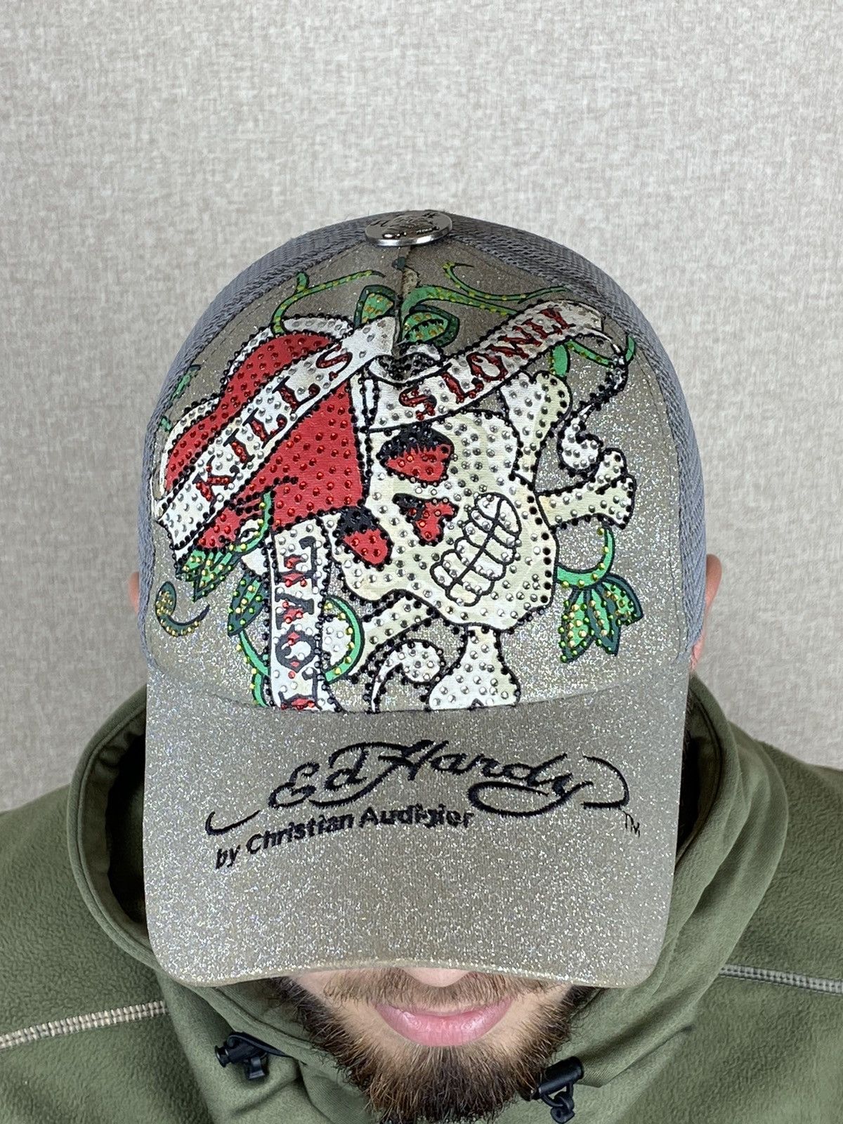 Christian Audigier × Ed Hardy × Vintage Ed Hardy by Christian silver sculls trucker cap Size ONE SIZE - 2 Thumbnail