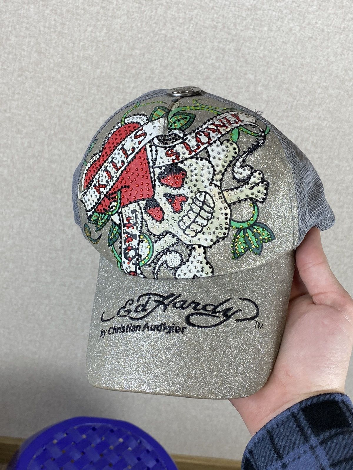Christian Audigier × Ed Hardy × Vintage Ed Hardy by Christian silver sculls trucker cap Size ONE SIZE - 6 Thumbnail