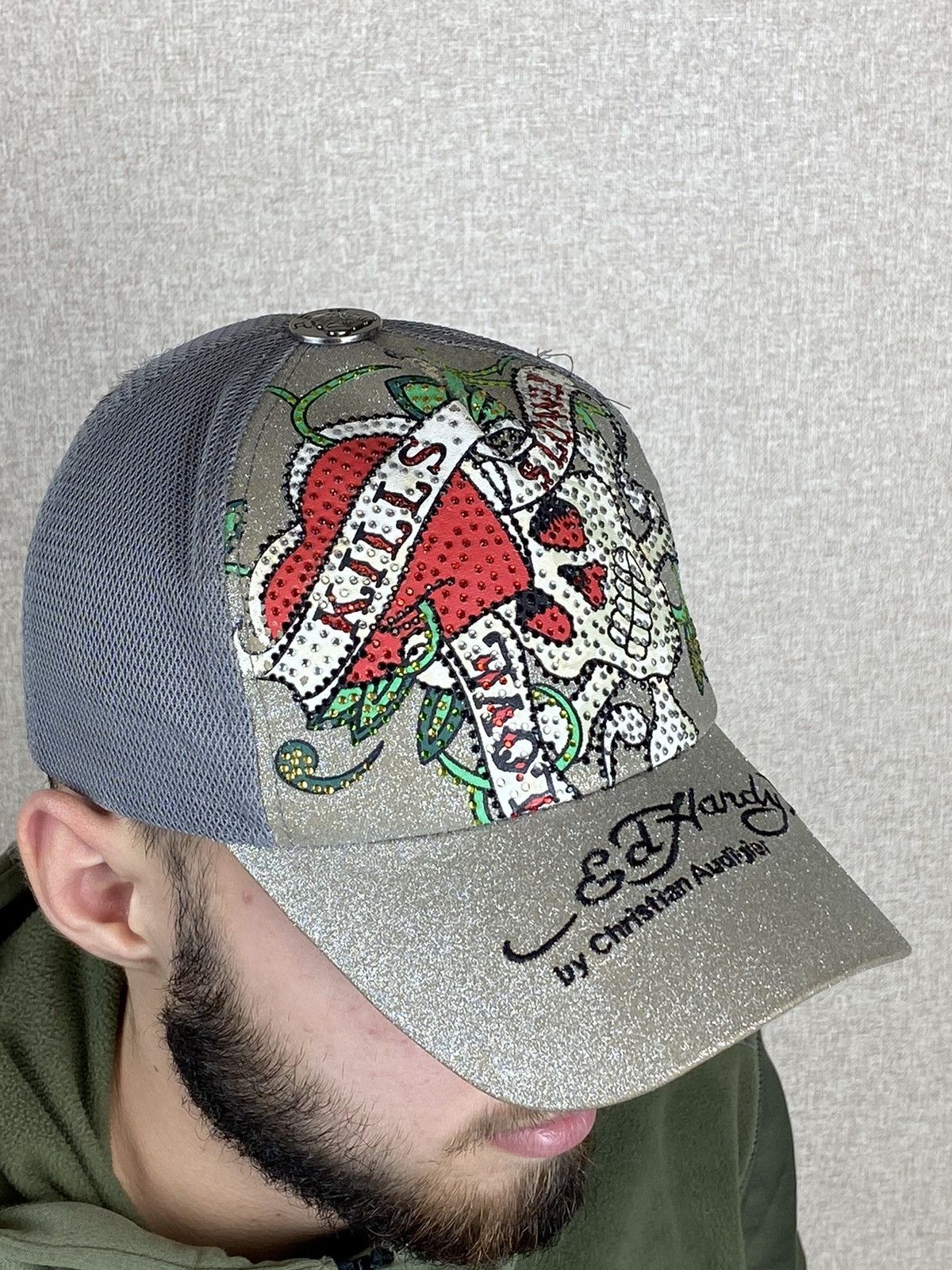 Christian Audigier × Ed Hardy × Vintage Ed Hardy by Christian silver sculls trucker cap Size ONE SIZE - 4 Thumbnail