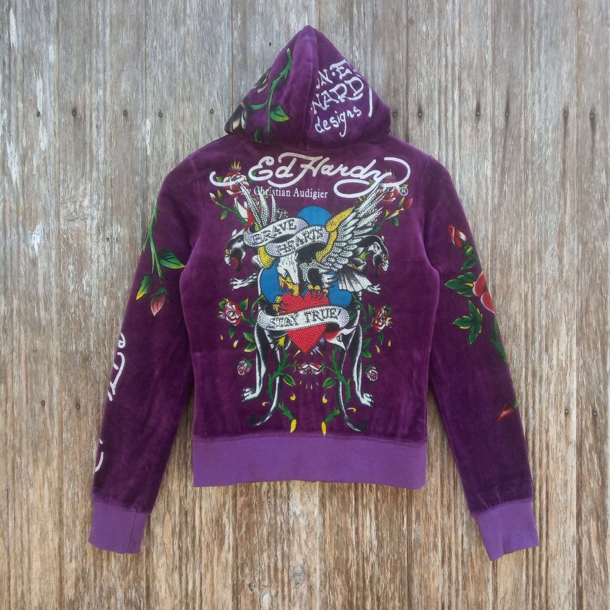 image of Christian Audigier x Ed Hardy Motive Tradition Japan Fleece Tattoo Gangsta Hoodie in Purple (Size X