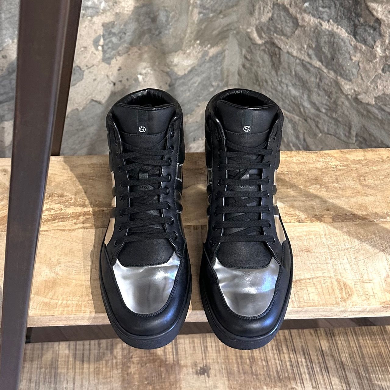 Gucci Gucci Black Leather Silver Metallic High-top Sneakers