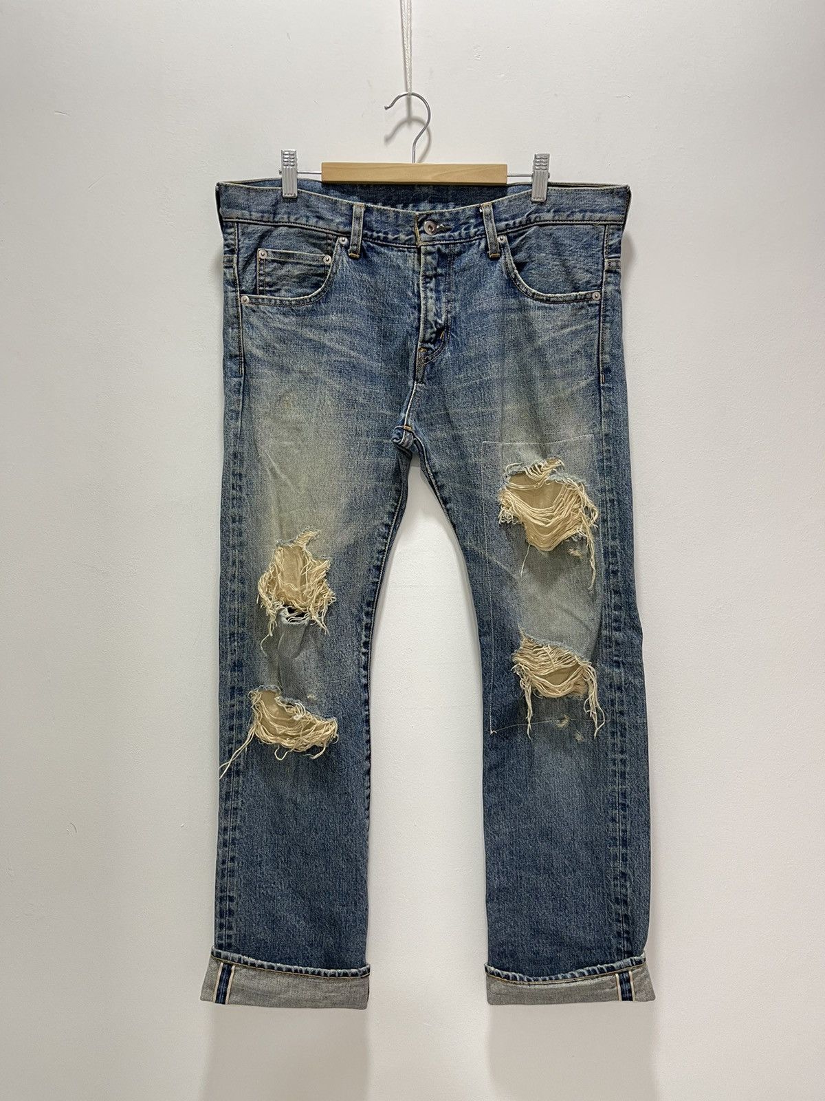 Vintage JAPANESE PATCHWORK RIPPED SELVEDGE SLIMFIT DISTRESSED JEANS Size US 32 / EU 48 - 1 Thumbnail