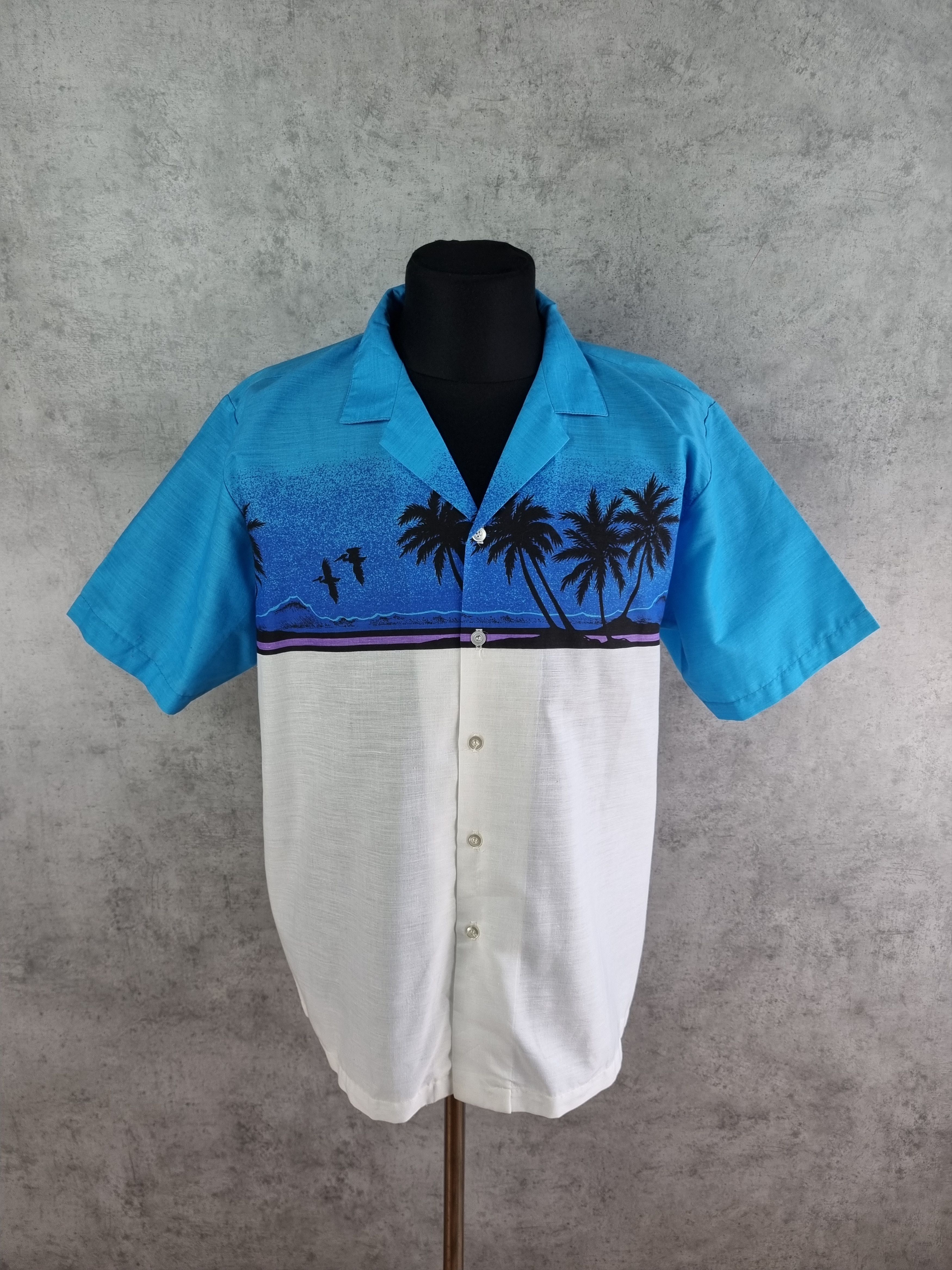 80s Daymo Hawaiian Shirt Paradise Palms Beach Sea Print