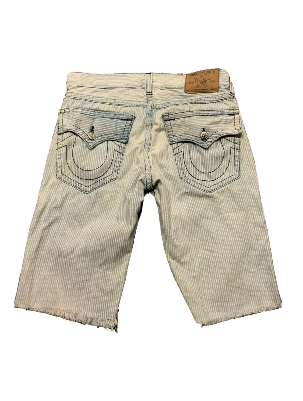 $159 True Religion Cut Off Flap Pocket Striped Jean Shorts