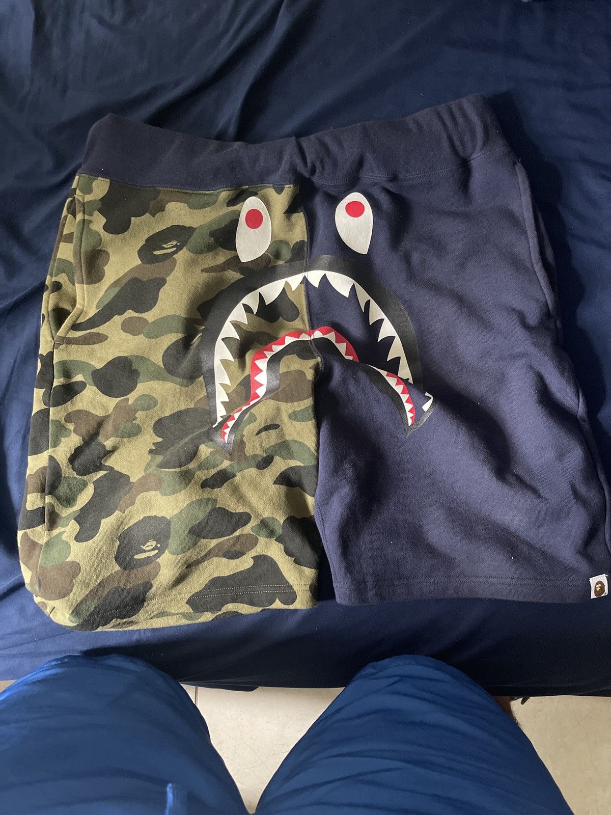 image of Bape 1St Camo Shark Sweat Shorts in Navy, Men's (Size 38)