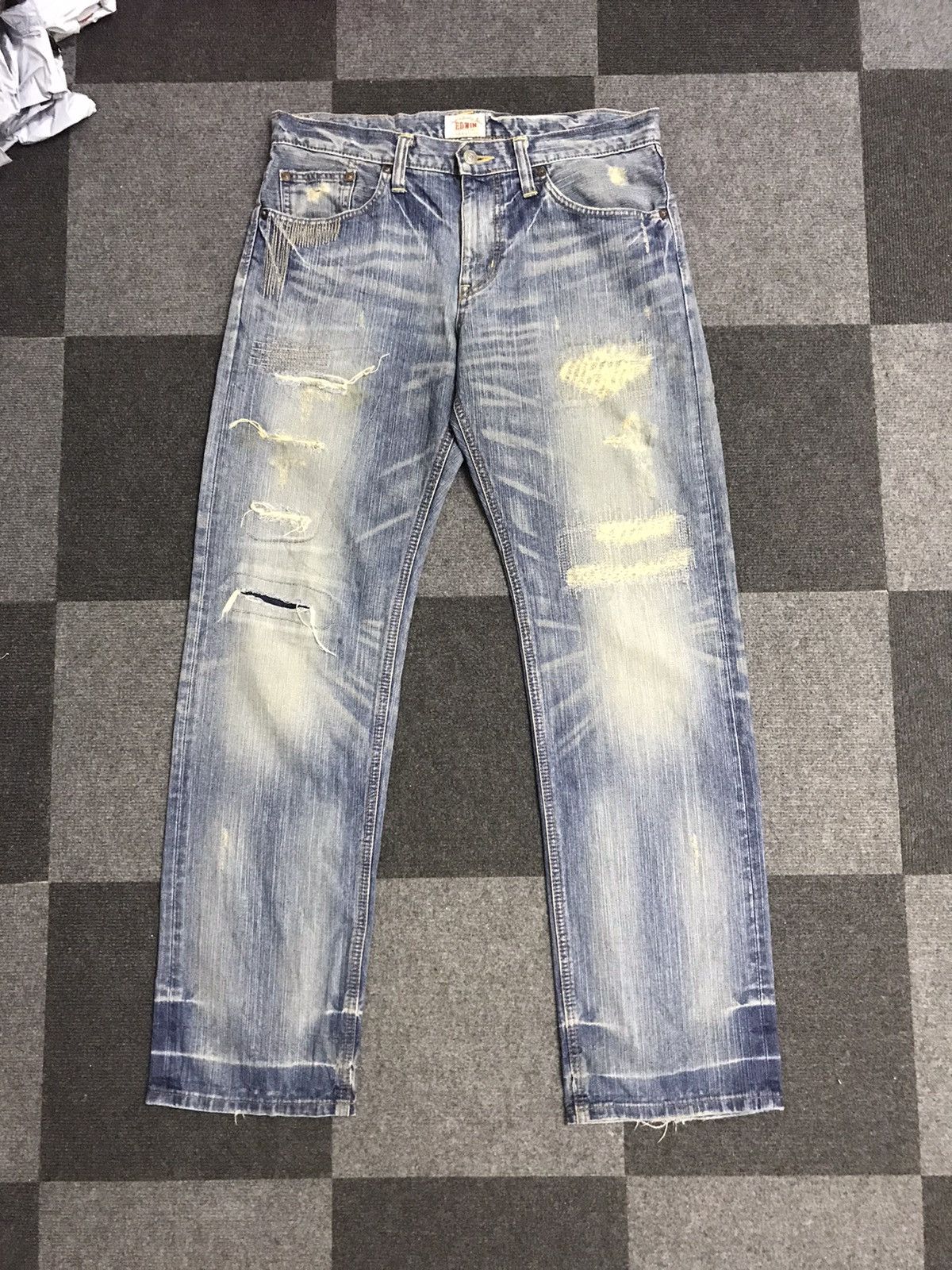 Image of Distressed Denim x Edwin Xv 403 Distressed Patchwork Jeans in Faded Denim, Men's (Size 34)