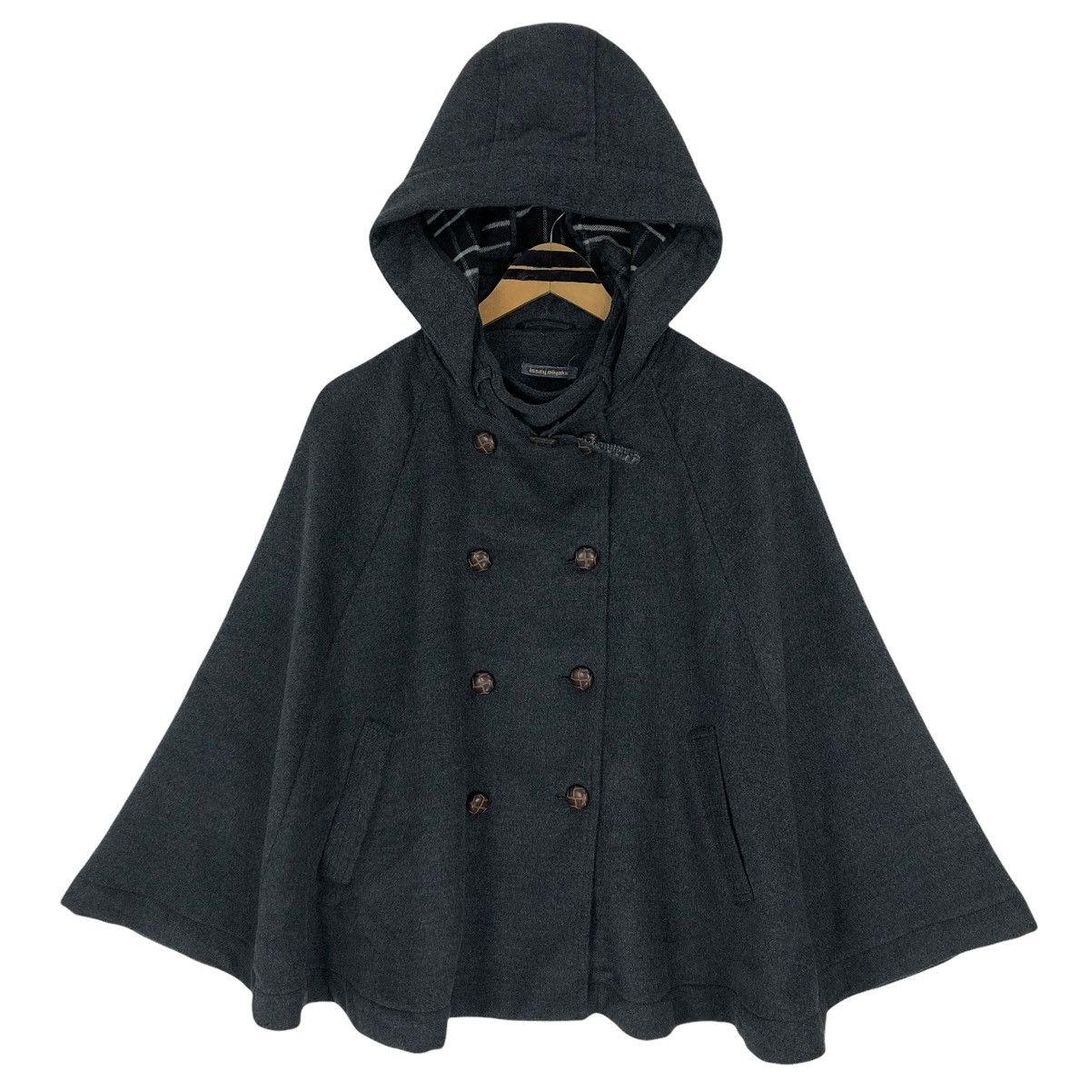image of Vintage 80's Issey Miyake Wool Double Breasted Poncho Hoodie in Dark Grey, Men's (Size Large)