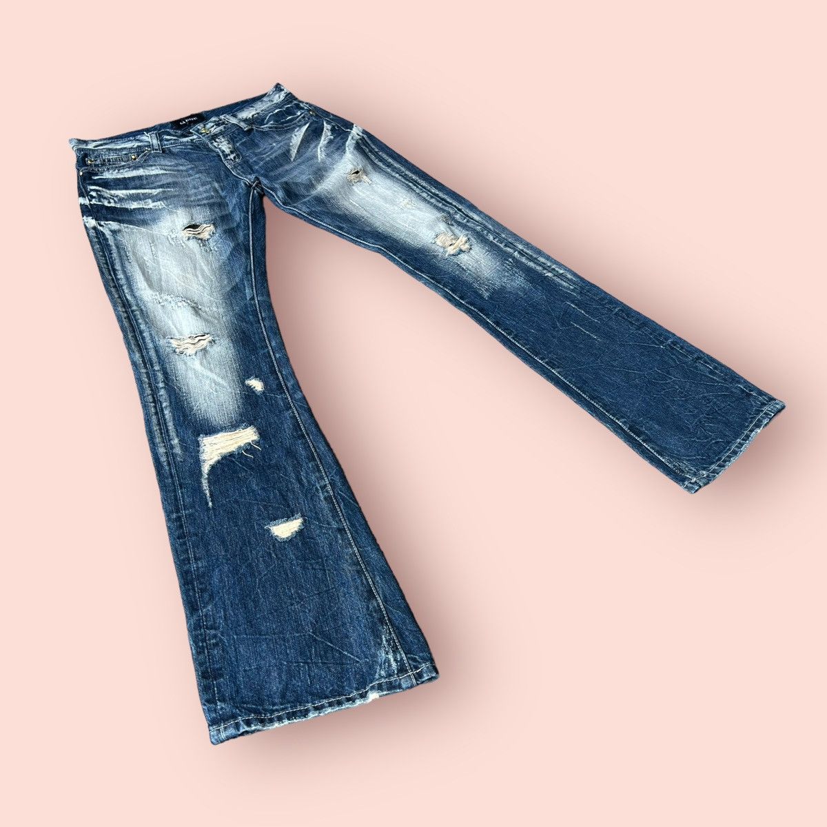 image of Distressed Denim x If Six Was Nine La Gate Distressed Flared Mid Rise Japan Jeans in White Faded Bl