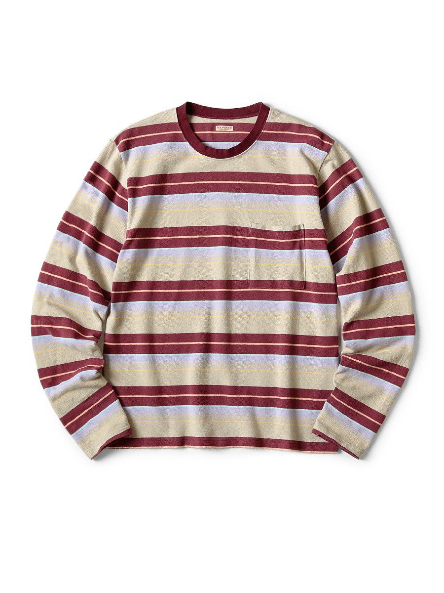 image of Kapital Stripe Kanoko Crew Long Sleeve T-Shirt Tee in Beige/Wine, Men's (Size Small)