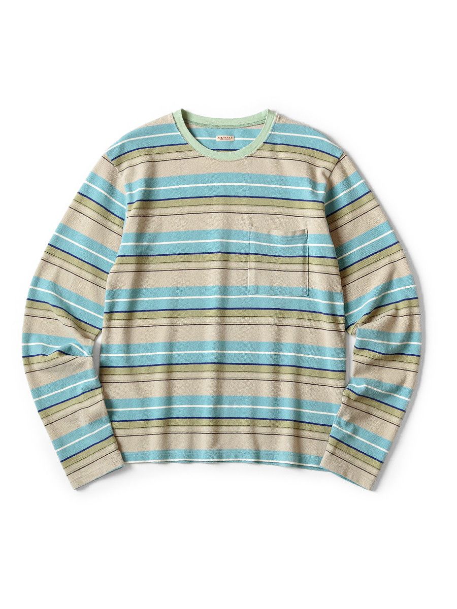 image of Kapital Stripe Kanoko Crew Long Sleeve T-Shirt Tee in Beige/Blue, Men's (Size Medium)