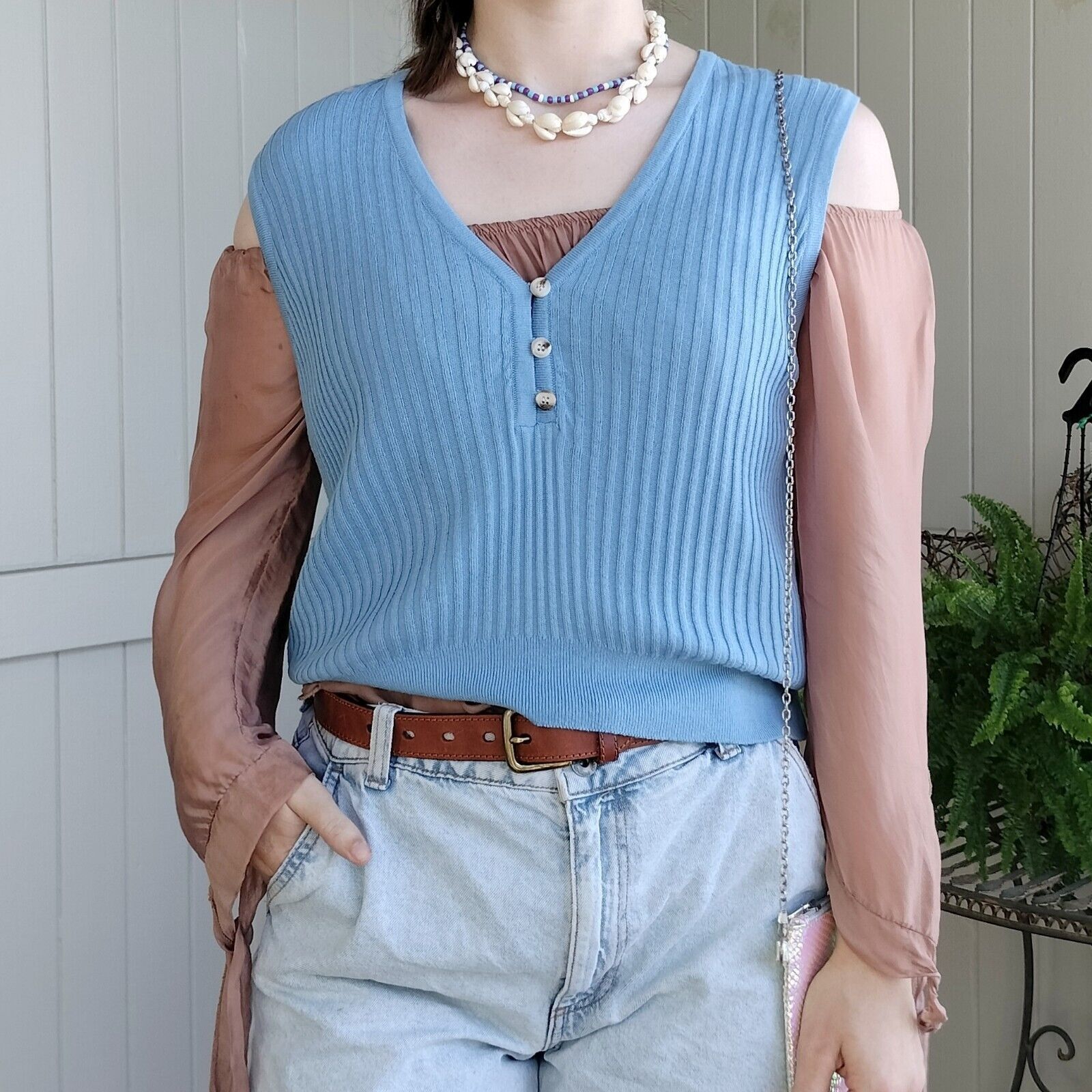 Designer Thanne Top Vest Knit Gilet Acrylic Cotton Ribbed Schoolgirl Size L / US 10 / IT 46 - 2 Thumbnail