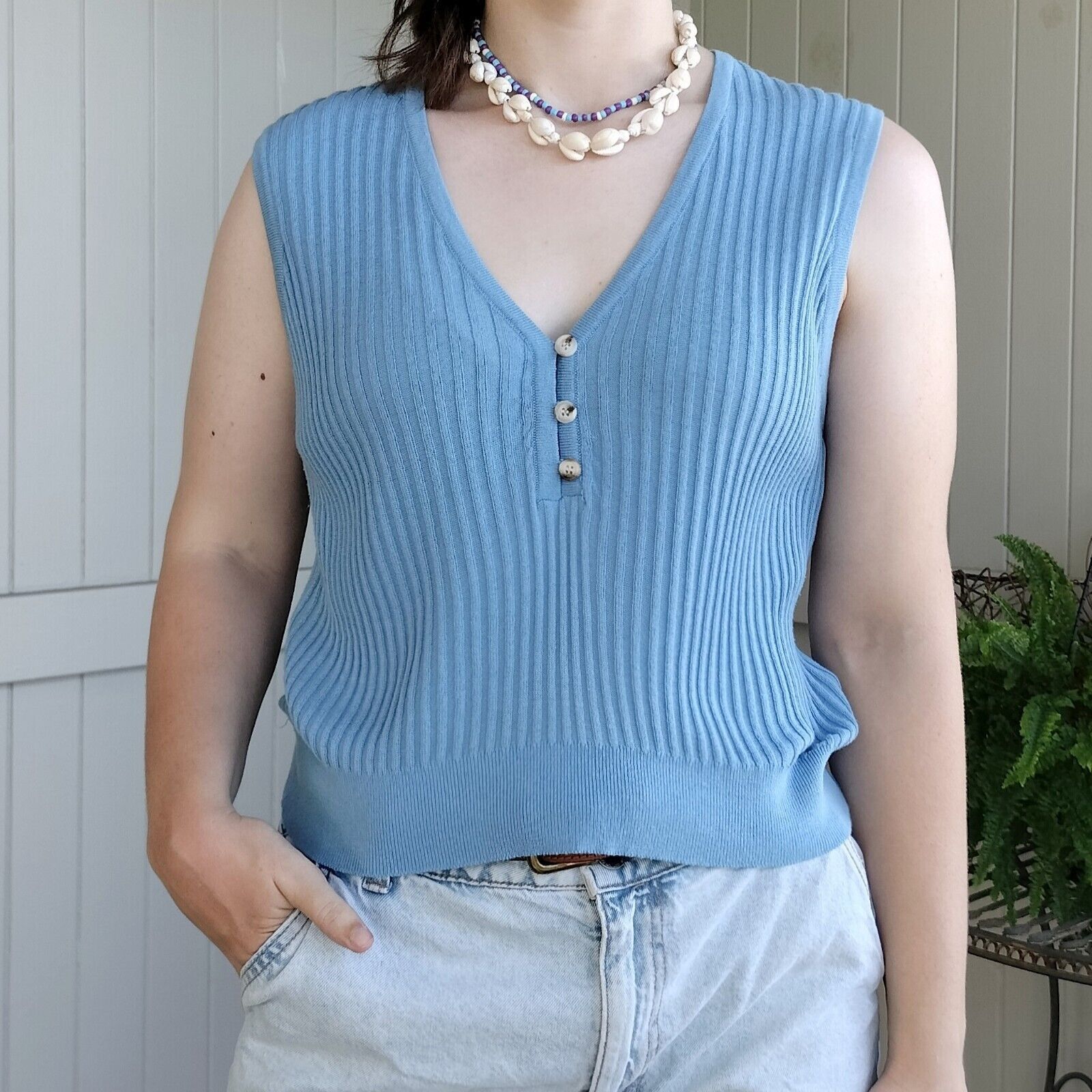 Designer Thanne Top Vest Knit Gilet Acrylic Cotton Ribbed Schoolgirl Size L / US 10 / IT 46 - 3 Thumbnail