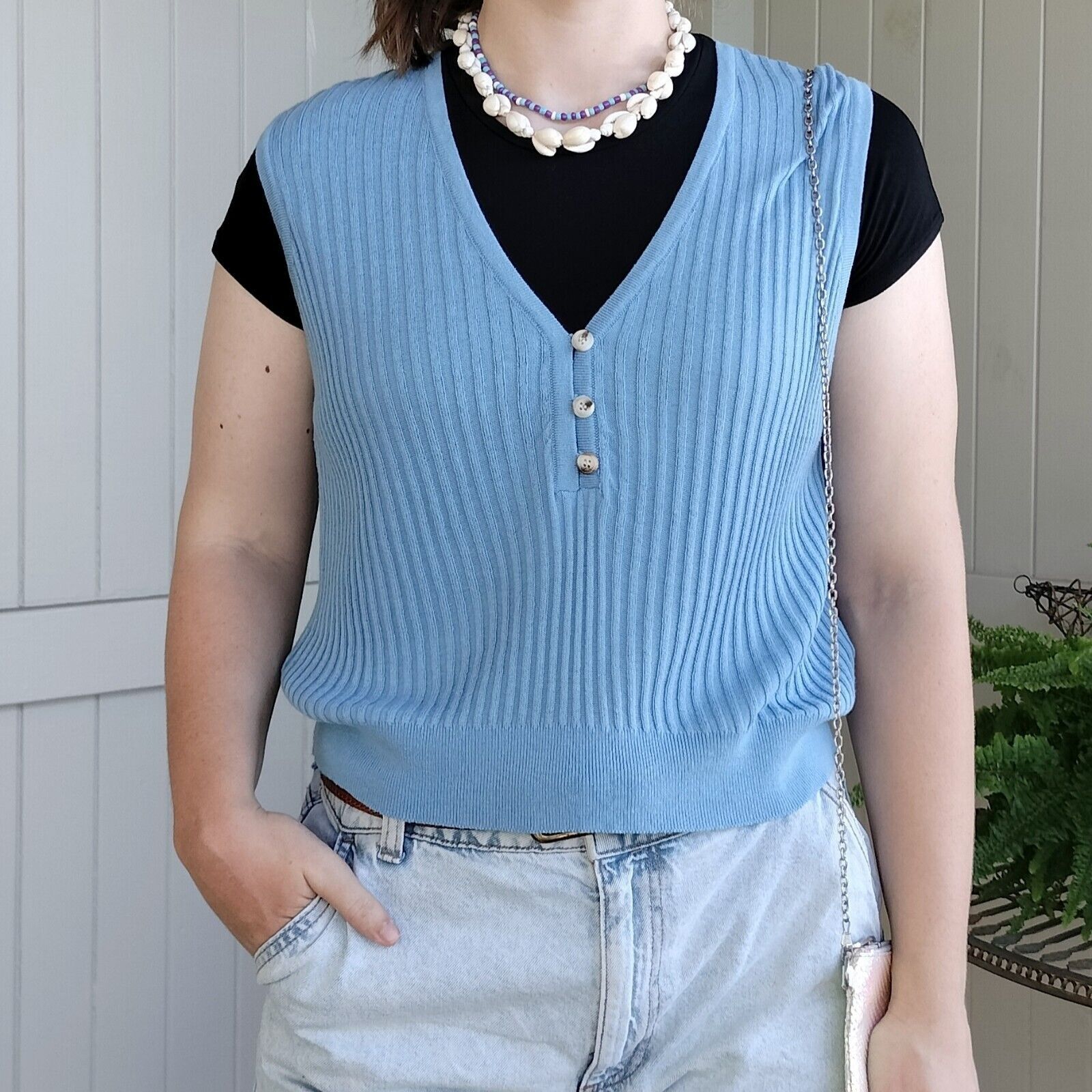 Designer Thanne Top Vest Knit Gilet Acrylic Cotton Ribbed Schoolgirl Size L / US 10 / IT 46 - 1 Thumbnail