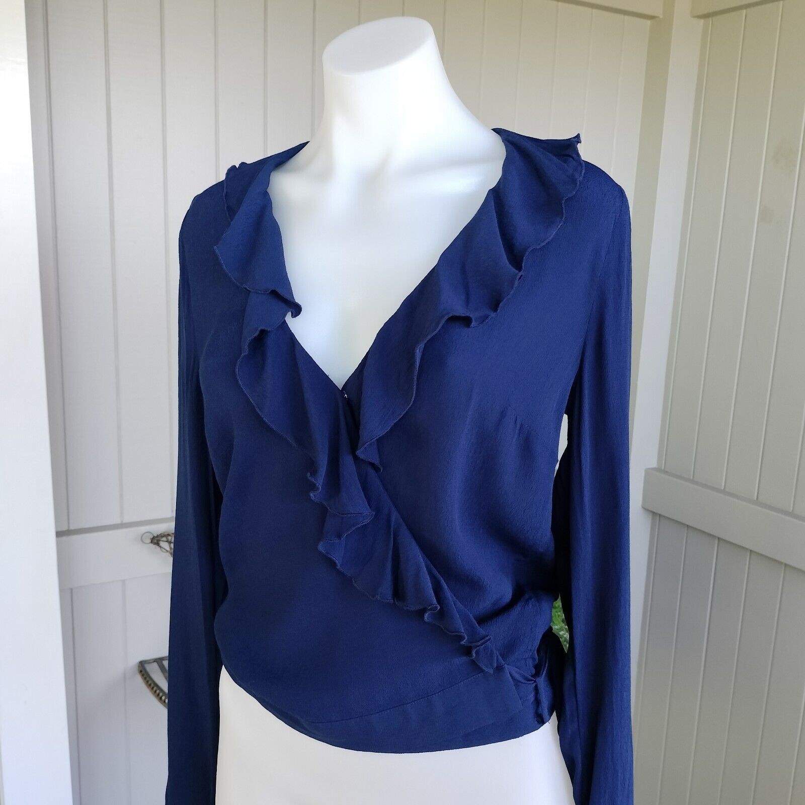 Designer Sportsgirl Top Blouse Blue Wrap Long Sleeve Ruffle Cocktail Size XS / US 0-2 / IT 36-38 - 3 Thumbnail