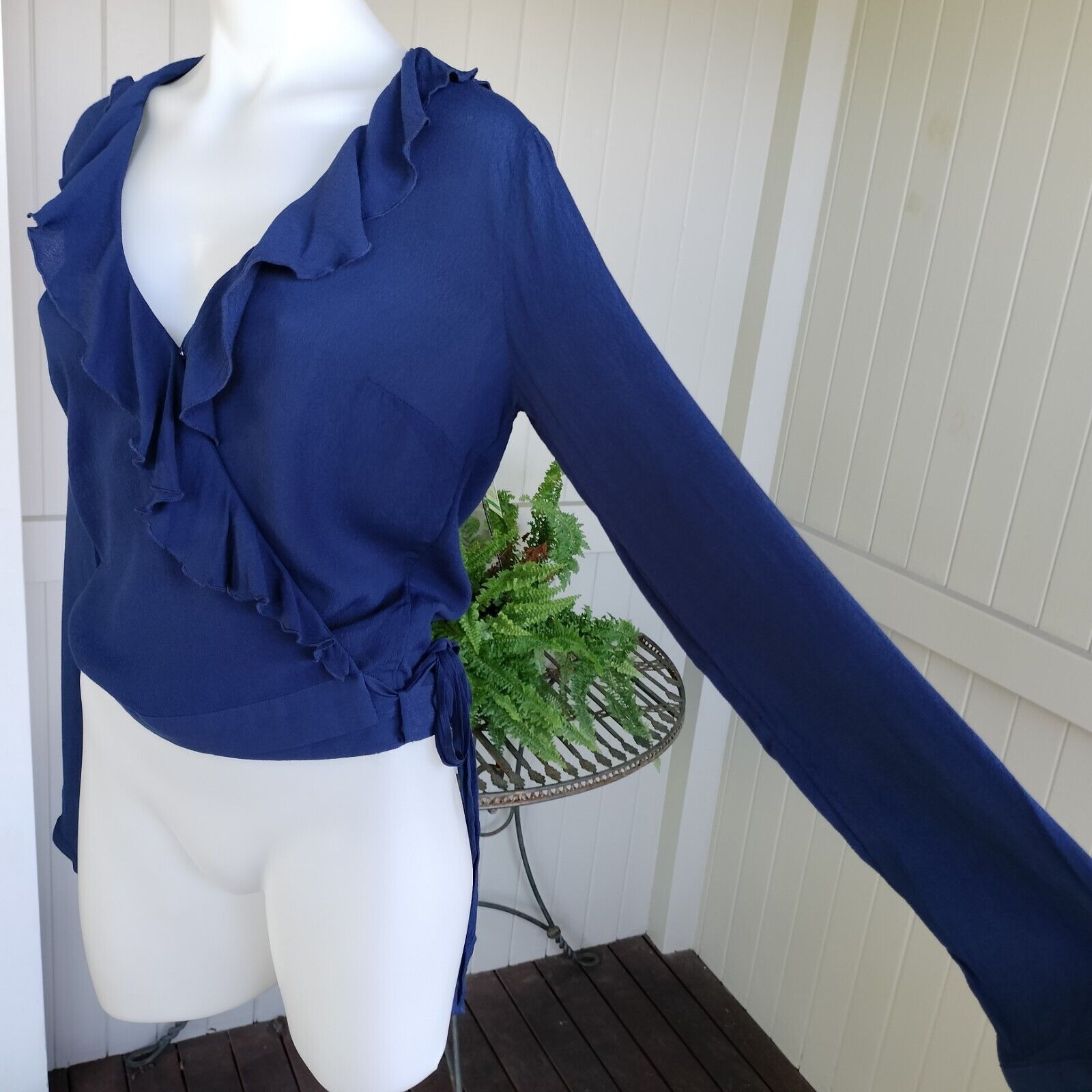 Designer Sportsgirl Top Blouse Blue Wrap Long Sleeve Ruffle Cocktail Size XS / US 0-2 / IT 36-38 - 7 Thumbnail