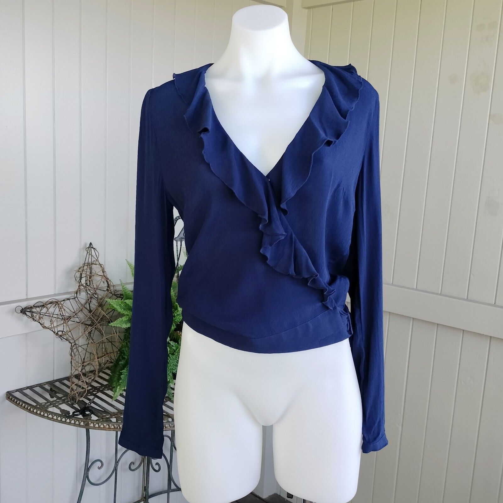 Designer Sportsgirl Top Blouse Blue Wrap Long Sleeve Ruffle Cocktail Size XS / US 0-2 / IT 36-38 - 1 Thumbnail