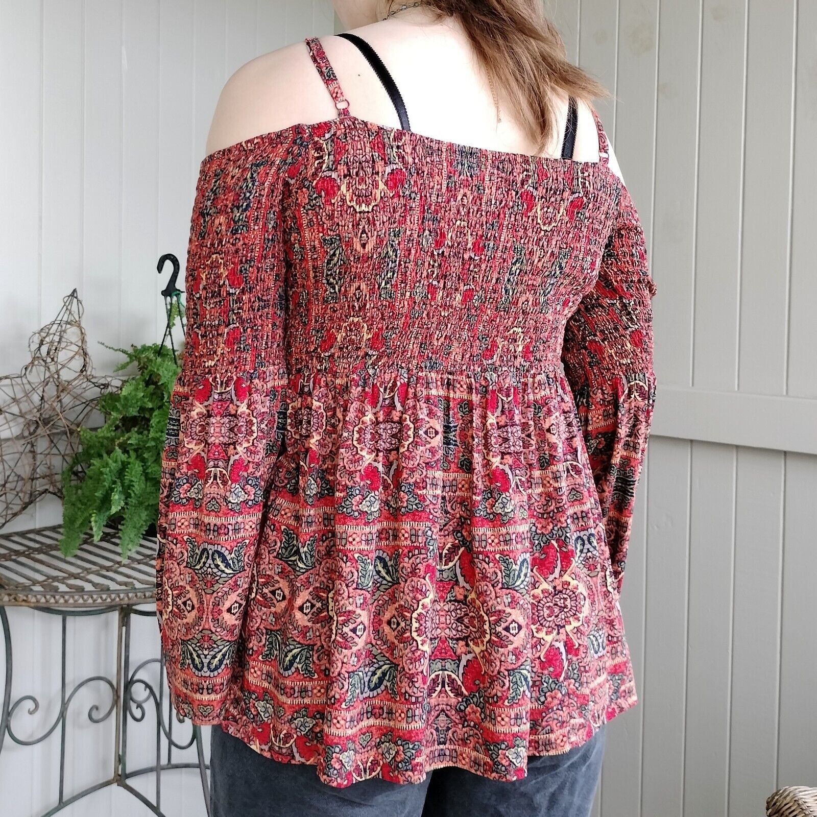 Designer Size 14 Blouse Top Orange Paisley Batik Bell Sleeve Size L / US 10 / IT 46 - 5 Thumbnail