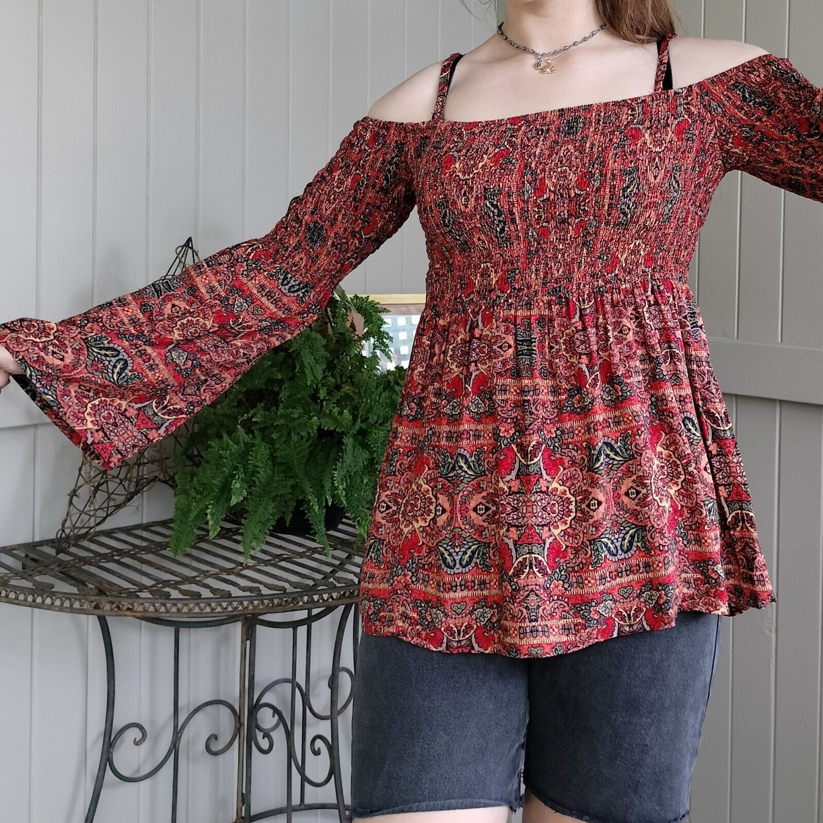 Designer Size 14 Blouse Top Orange Paisley Batik Bell Sleeve Size L / US 10 / IT 46 - 4 Thumbnail