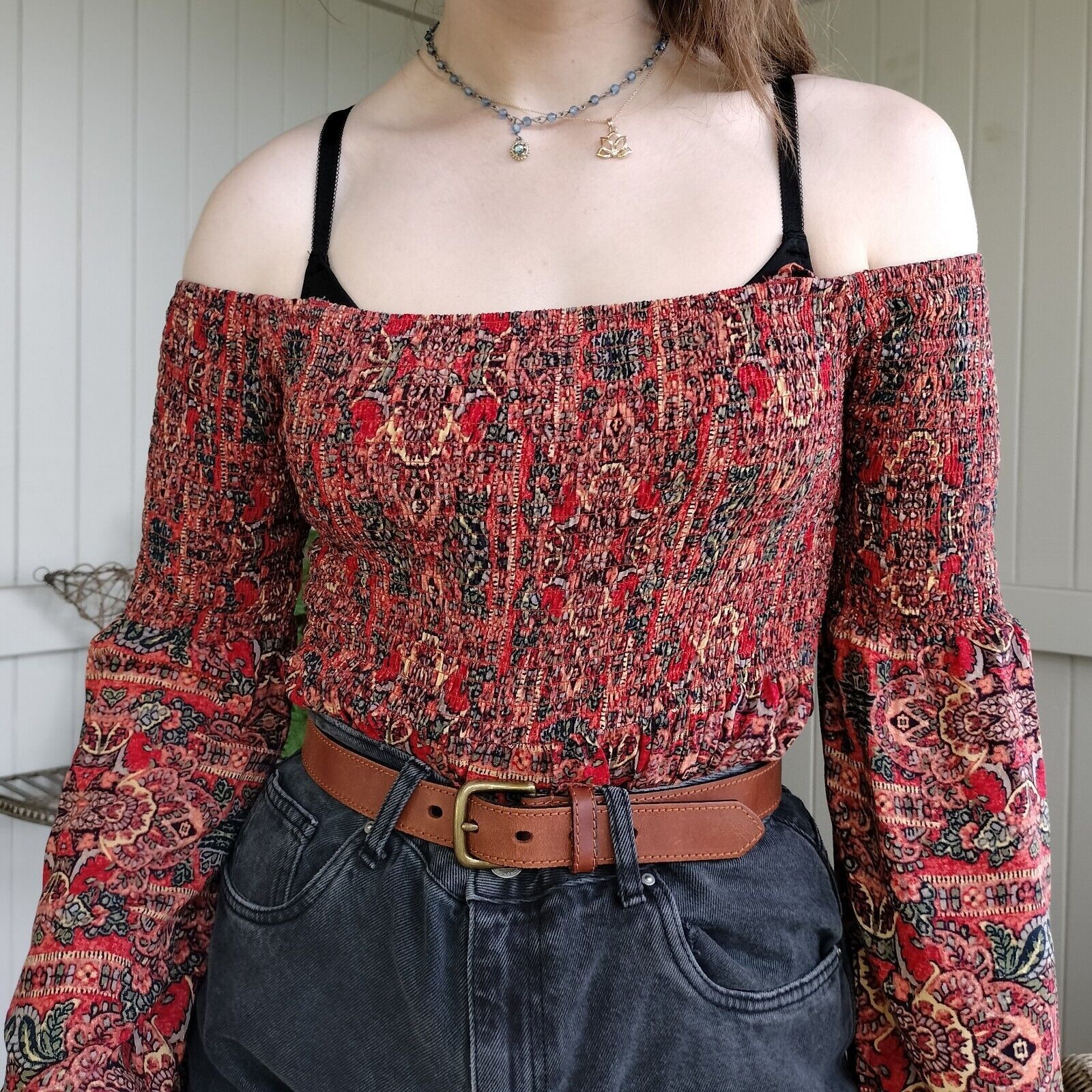 Designer Size 14 Blouse Top Orange Paisley Batik Bell Sleeve Size L / US 10 / IT 46 - 2 Thumbnail