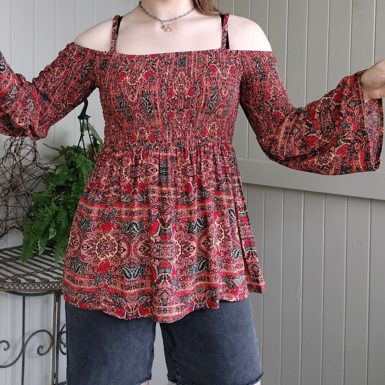 Designer Size 14 Blouse Top Orange Paisley Batik Bell Sleeve Size L / US 10 / IT 46 - 3 Thumbnail