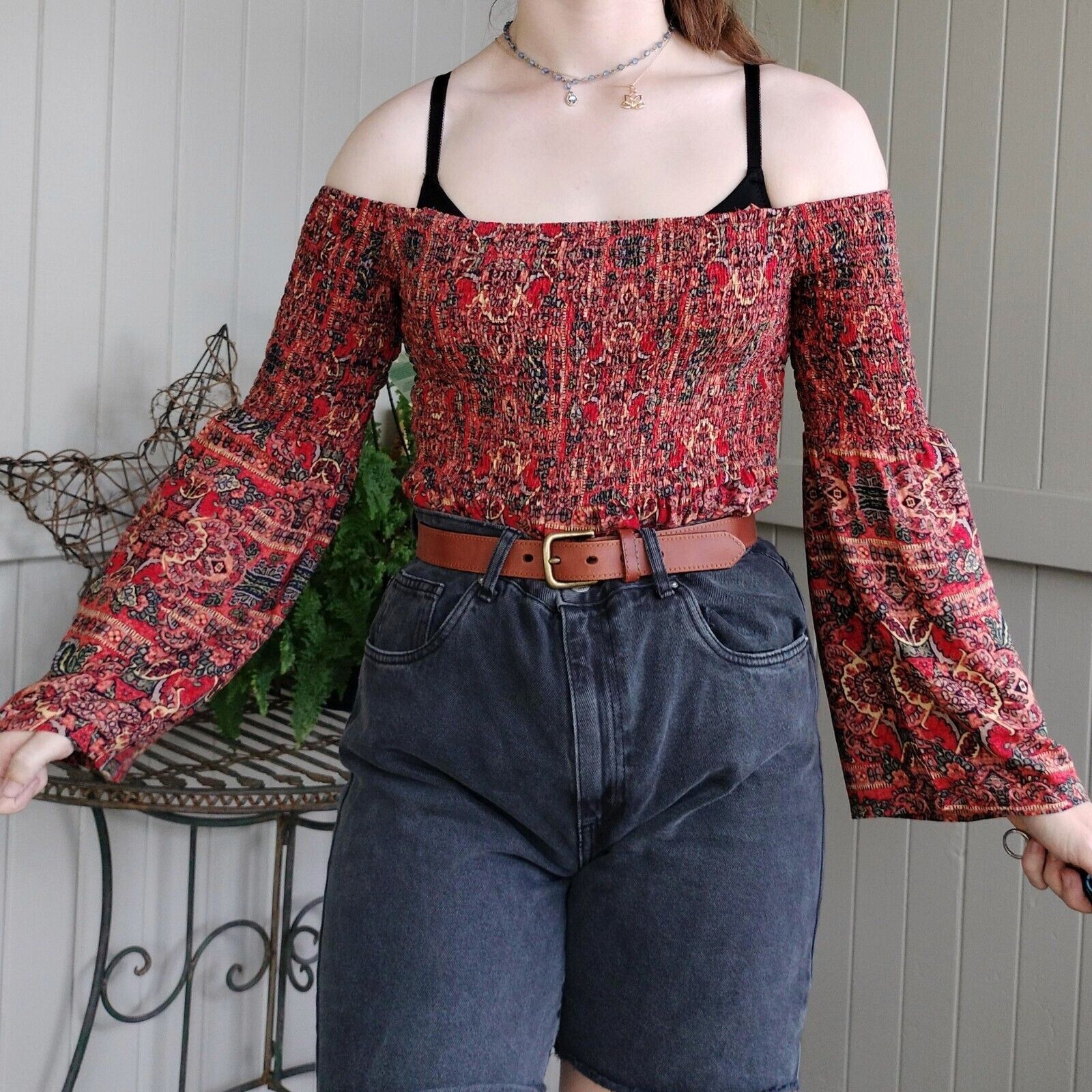 Designer Size 14 Blouse Top Orange Paisley Batik Bell Sleeve Size L / US 10 / IT 46 - 1 Thumbnail