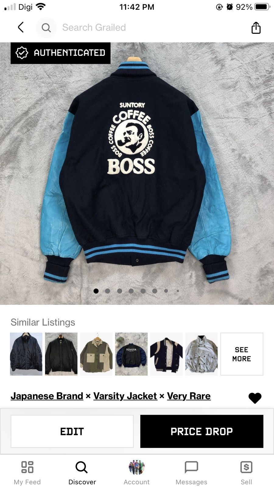 Japanese Brand SUNTORY COFFEE BOSS WOOL LEATHER VARSITY #5411-189 Size US L / EU 52-54 / 3 - 14 Thumbnail