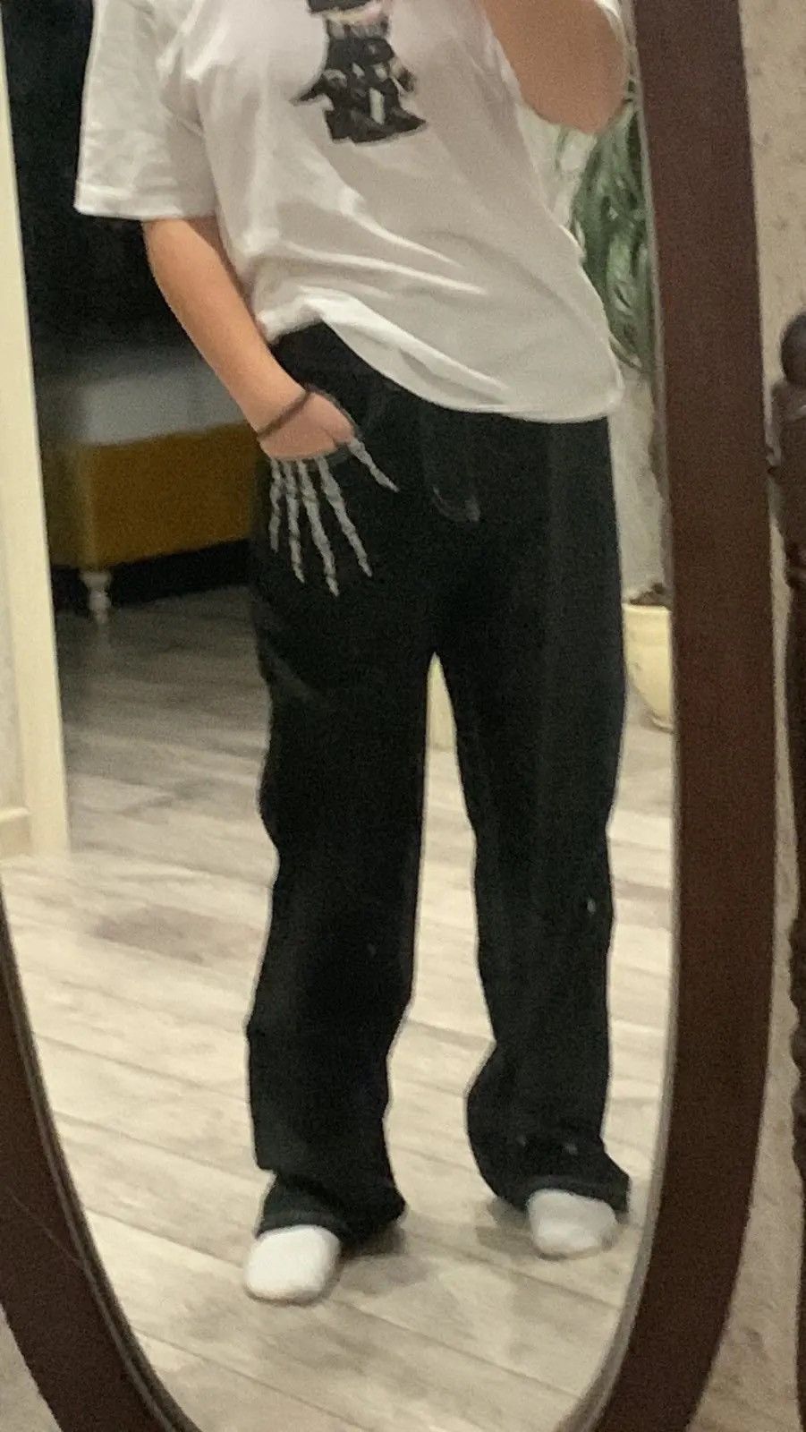 image of Distressed Denim x Jean Retro Skull Hand Bone Embroidery Jeans Pant in Black, Men's (Size 31)