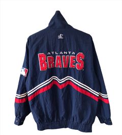 Vintage 90's Atlanta Braves Baseball Classic Navy Blue & Red Windbreaker  Pullover Majestic Jacket size XXL 