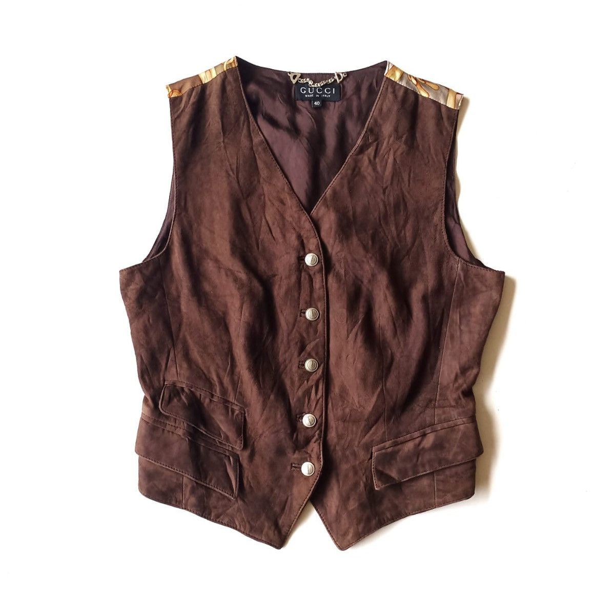 image of Vintage Gucci By Tom Ford Leather Silk Print Vest in Brown, Men's (Size Small)