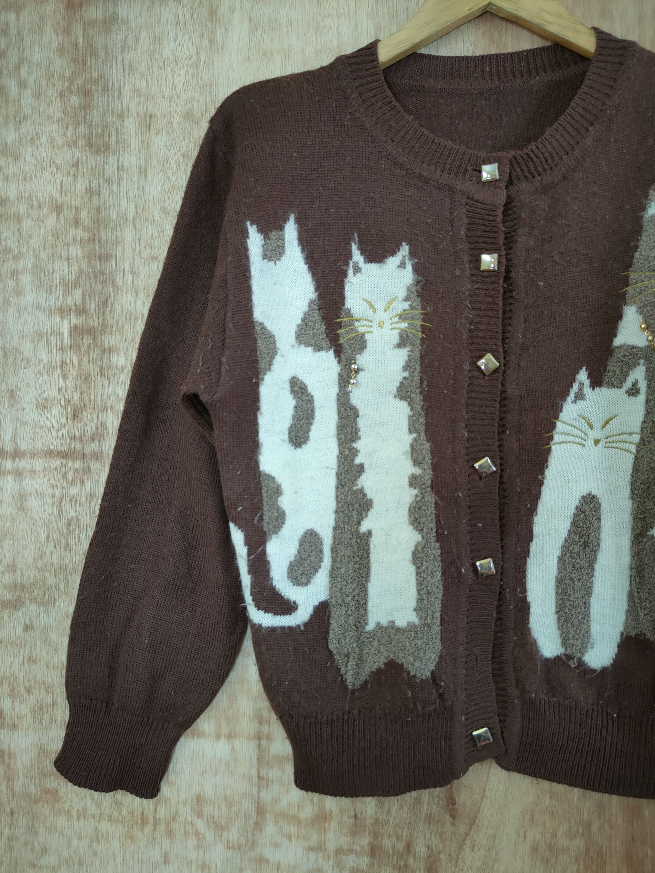Japanese Brand Cat brown cardigan knitwear streetwear #46-477DLAL Size M / US 6-8 / IT 42-44 - 2 Thumbnail