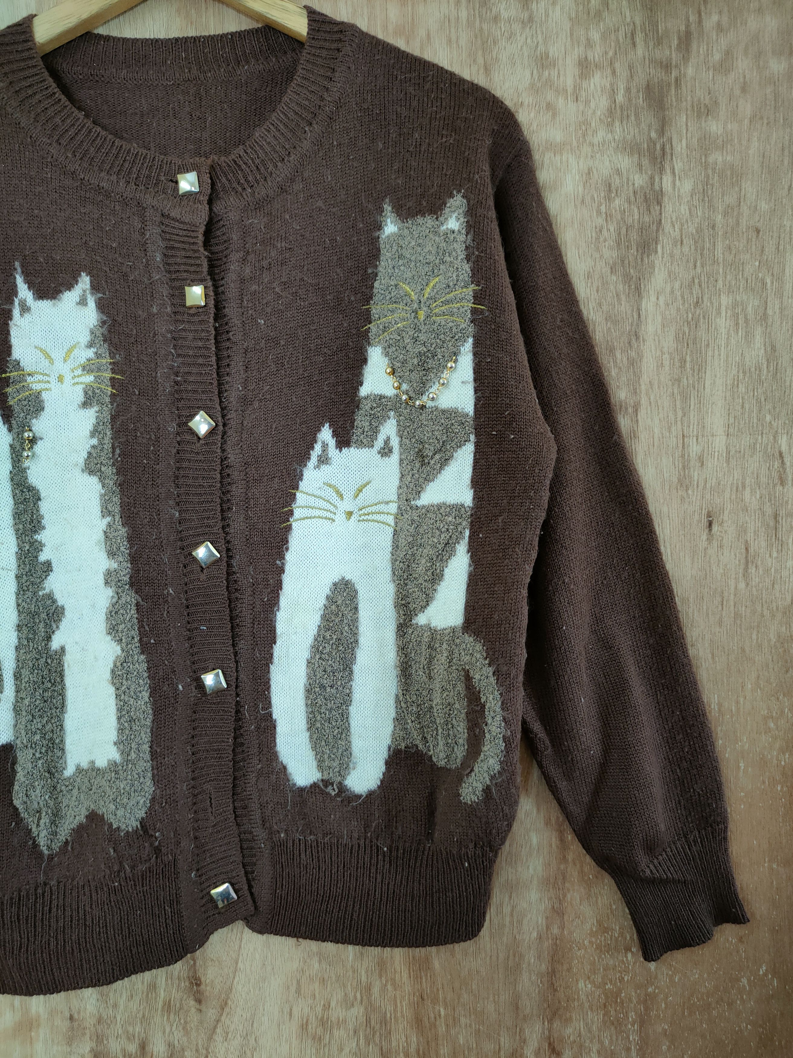 Japanese Brand Cat brown cardigan knitwear streetwear #46-477DLAL Size M / US 6-8 / IT 42-44 - 3 Thumbnail