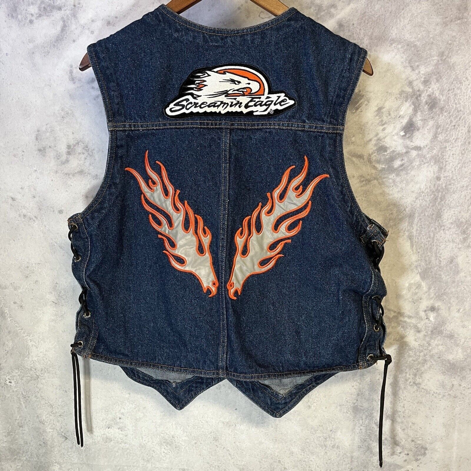 Vintage Vintage Screamin Eagle Denim Biker Vest Lace Up Biker Mens L Size US L / EU 52-54 / 3 - 1 Thumbnail