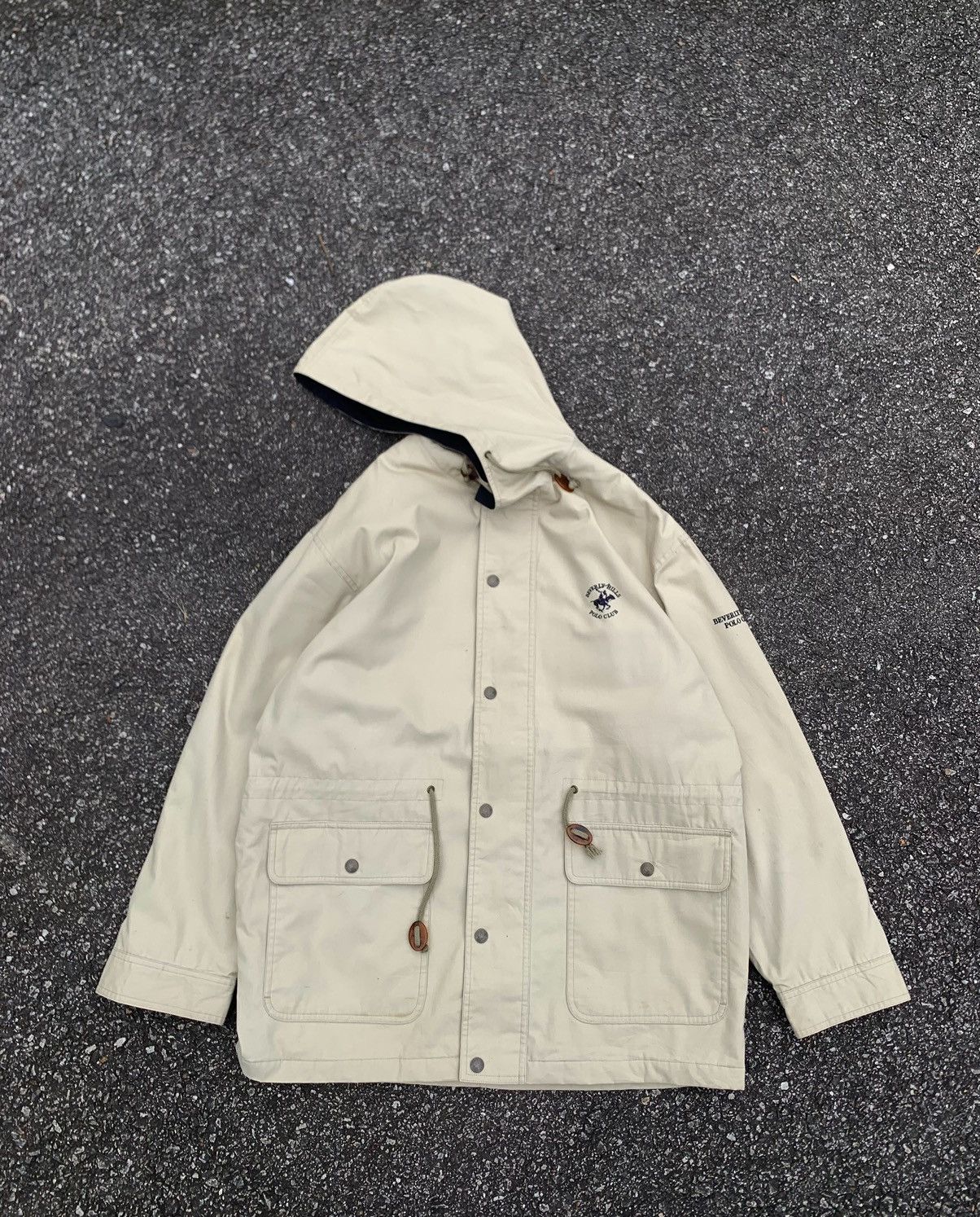 image of Beverly Hills Polo Club x Vintage Baverly Hills Polo Club Utility Hooded Jacket in Cream (Size XL)