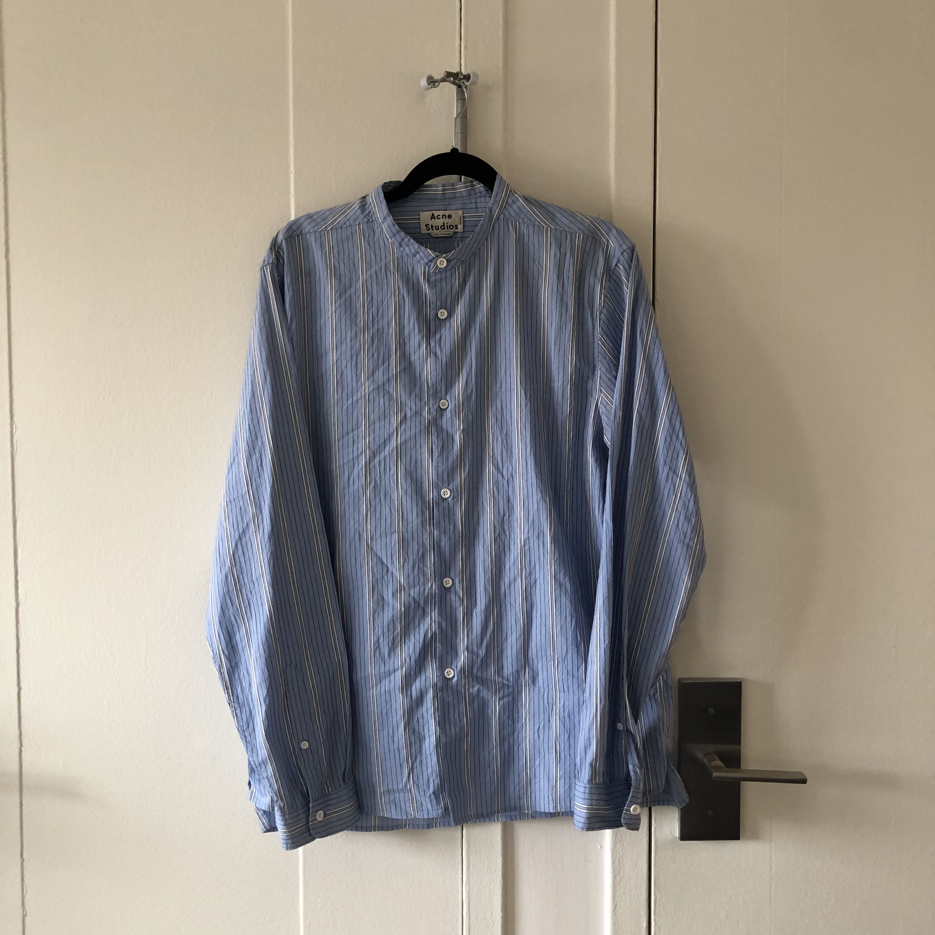 image of Acne Studios Multi Stripe Collarless Button Up in Blue, Men's (Size Medium)