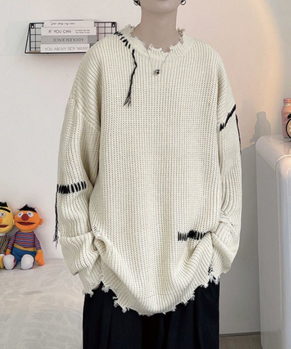 Korean fashion beige distressed knit sweater knitwear