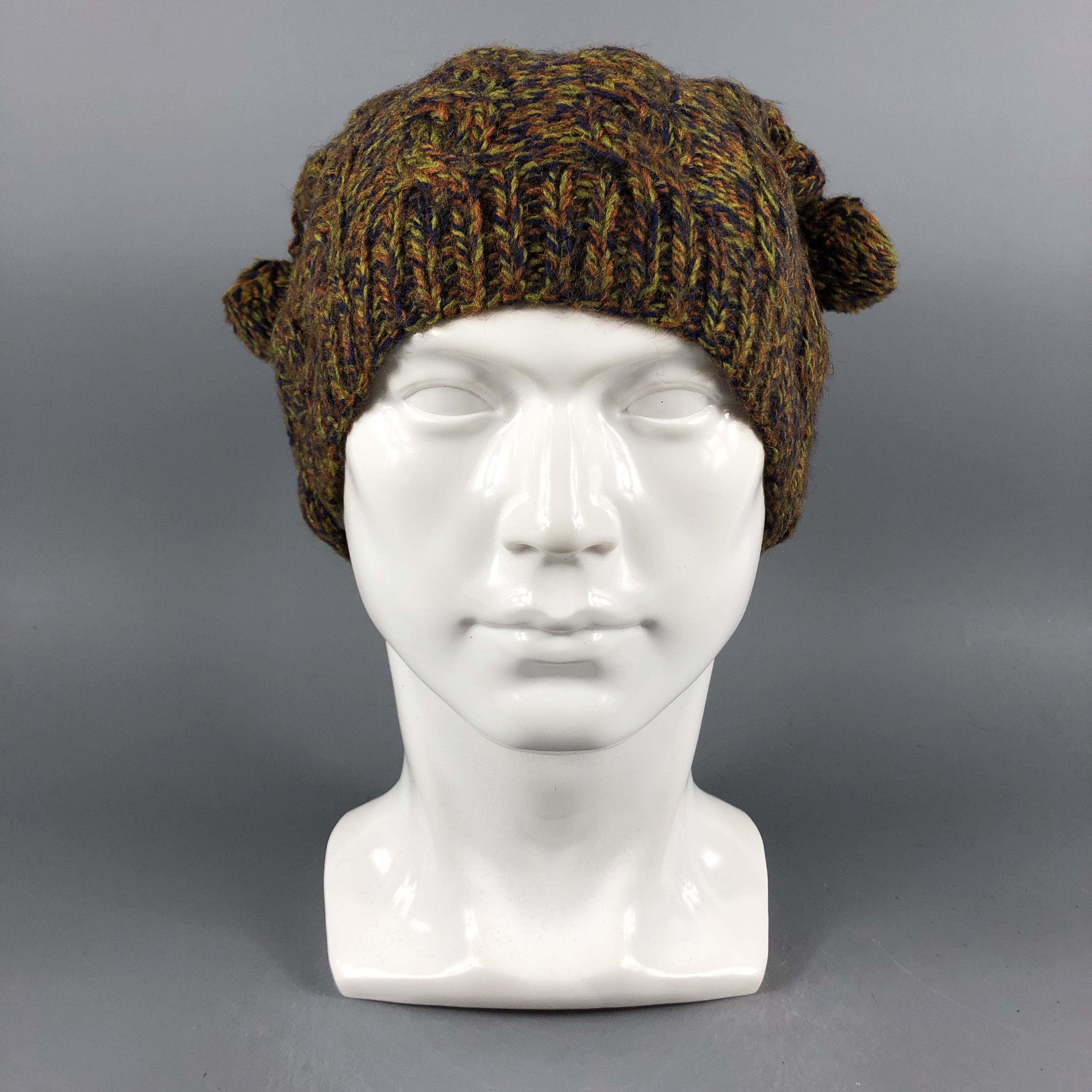 image of Vintage Womens Multicolor Cable Knit Double Pompom Beanie D1092