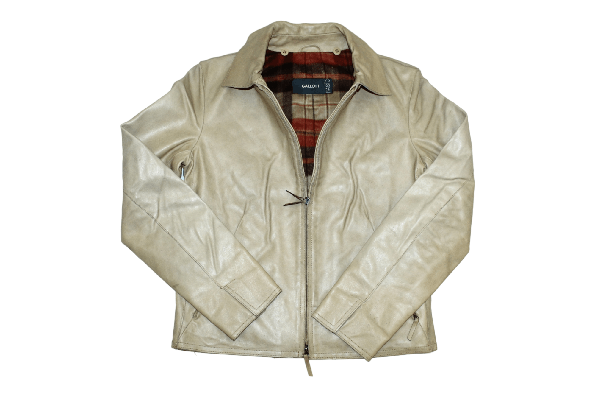 image of VTG Gallotti Vera Pelle Leather Padded Jacket Plaid Liner in Beige, Men's (Size Small)