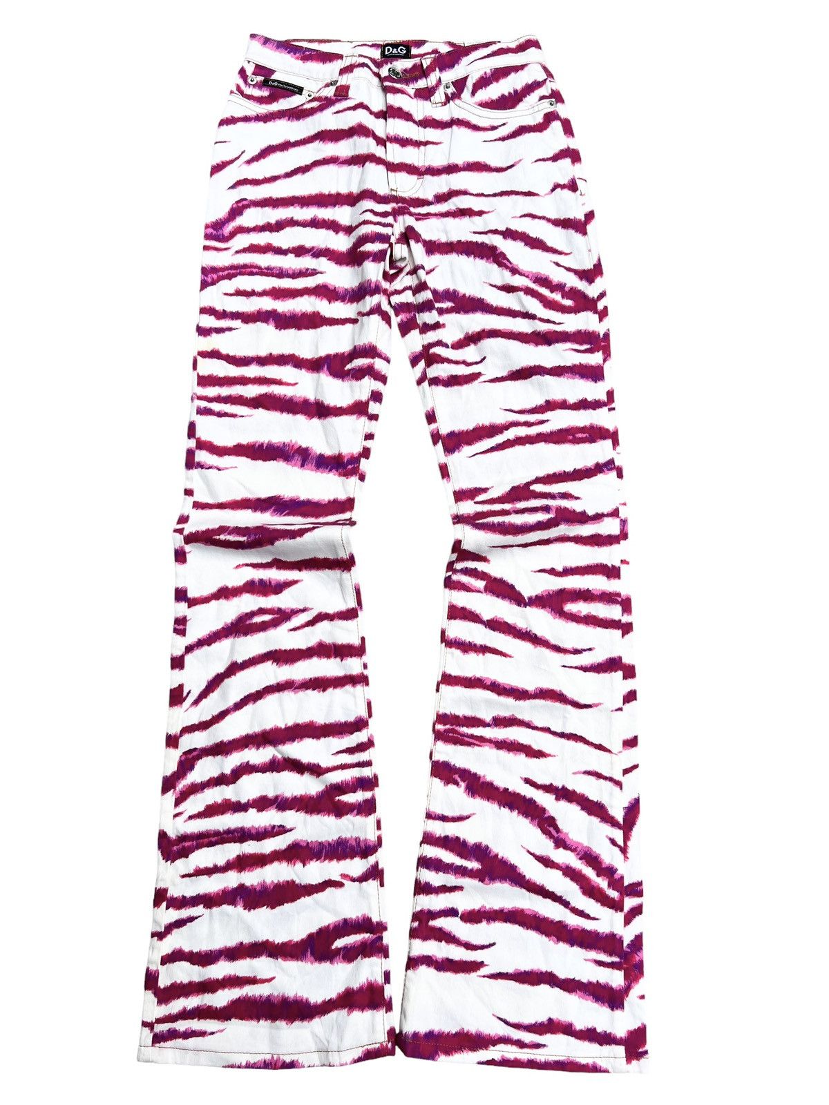 image of Archival Clothing x Dolce Gabbana 2000S Dolce & Gabbana Pink Zebra Flared Bootcut Jeans in White/Pi