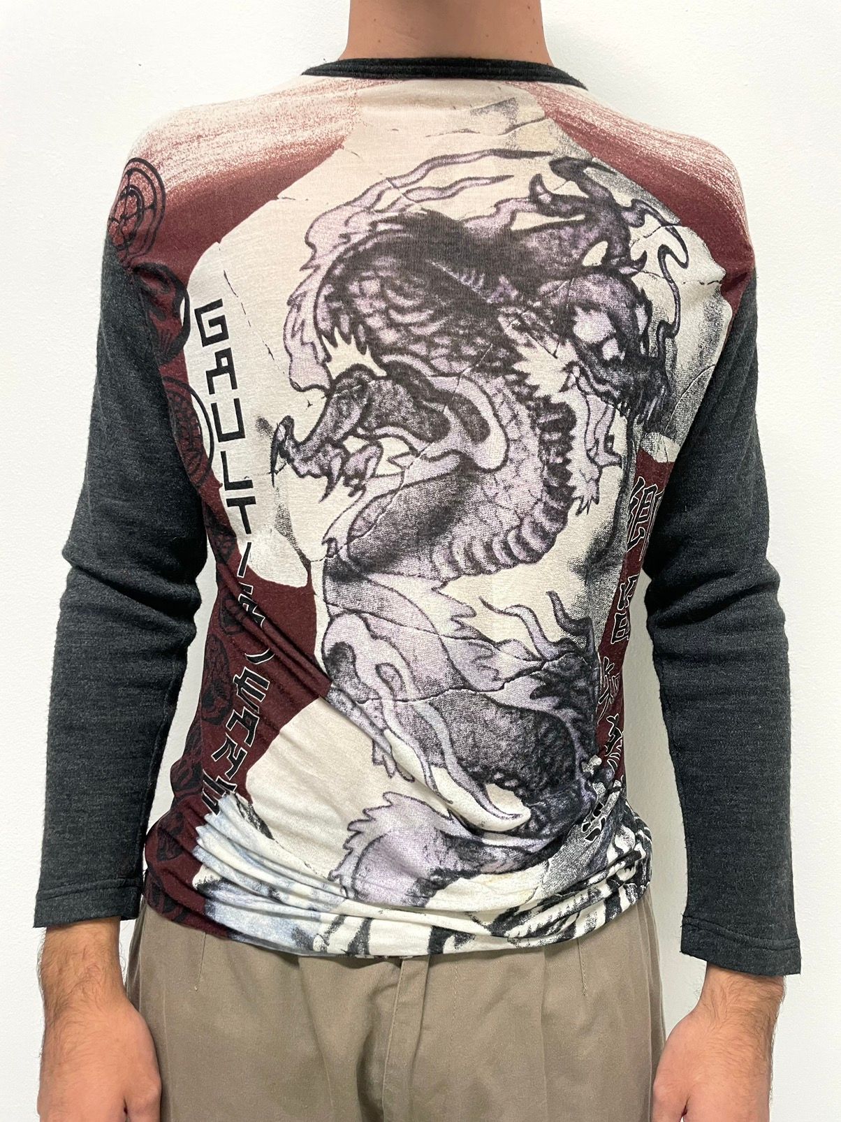 Pre-owned Jean Paul Gaultier Dragon Long Sleeve T-shirt Mesh Archive Tattoo Archive In White/red/grey