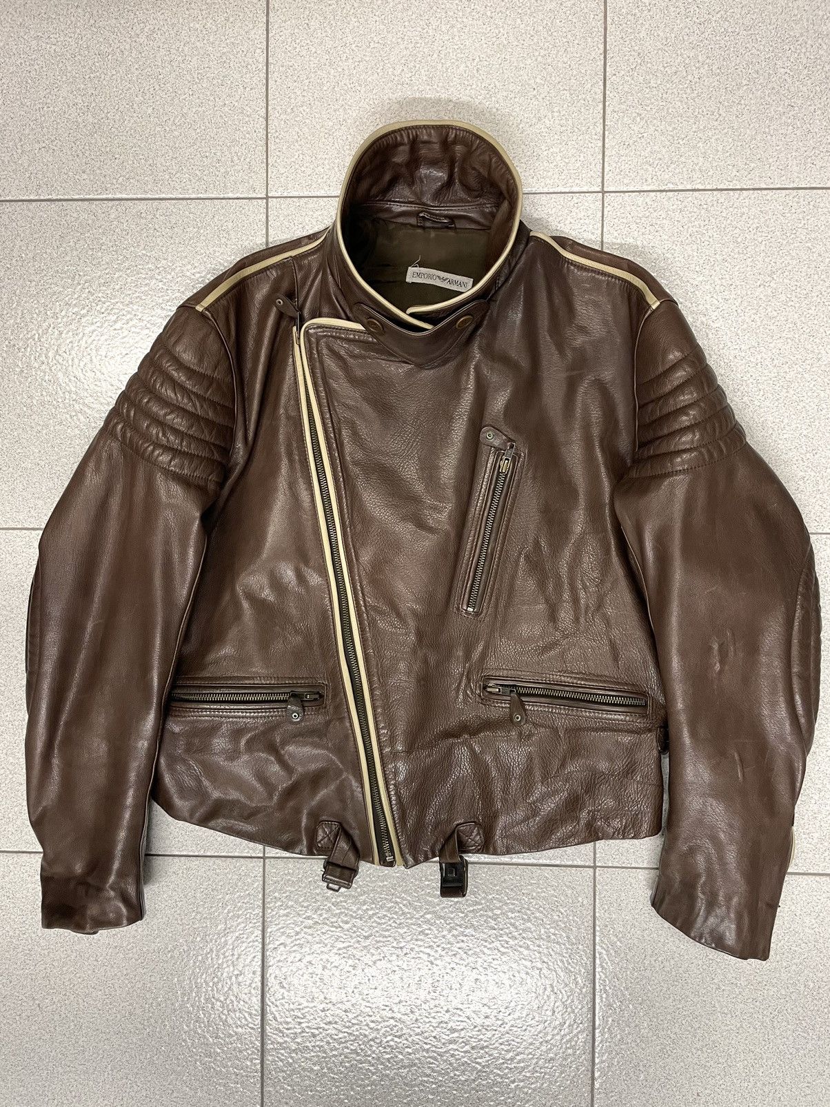 Vintage Armani Leather Brown Jacket Biker Fishing Hunting Men's XL