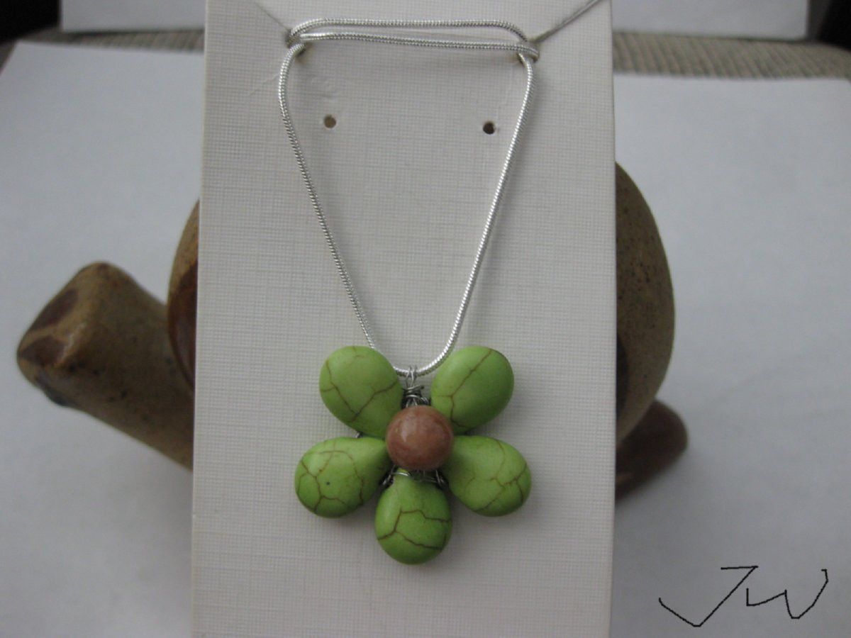 Handmade Green Turquoise Flower Necklace with Brown Bead Size ONE SIZE - 1 Thumbnail