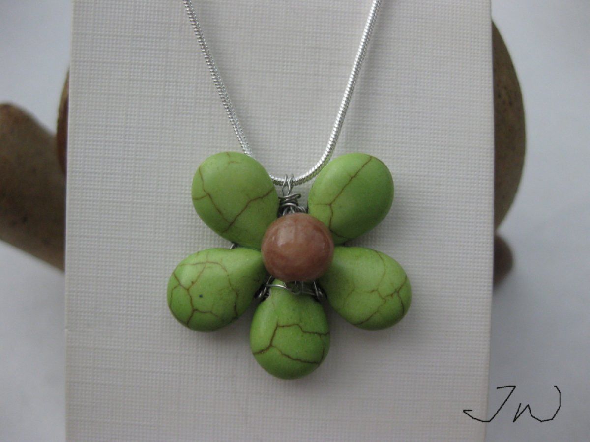 Handmade Green Turquoise Flower Necklace with Brown Bead Size ONE SIZE - 4 Thumbnail
