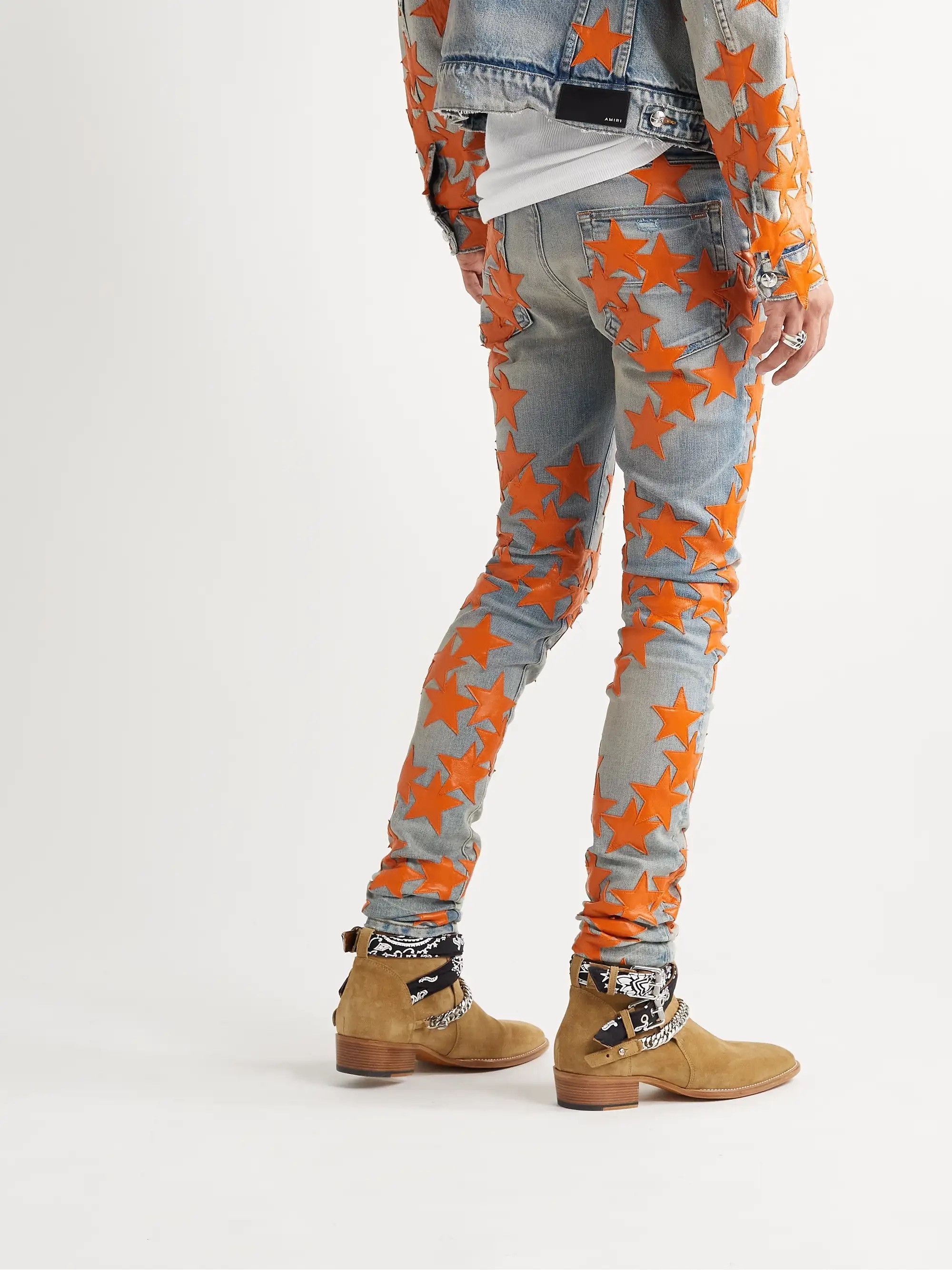 image of New Amiri + Chemist Skinny-Fit Jeans With Leather Stars in Denim/Orange, Men's (Size 33)