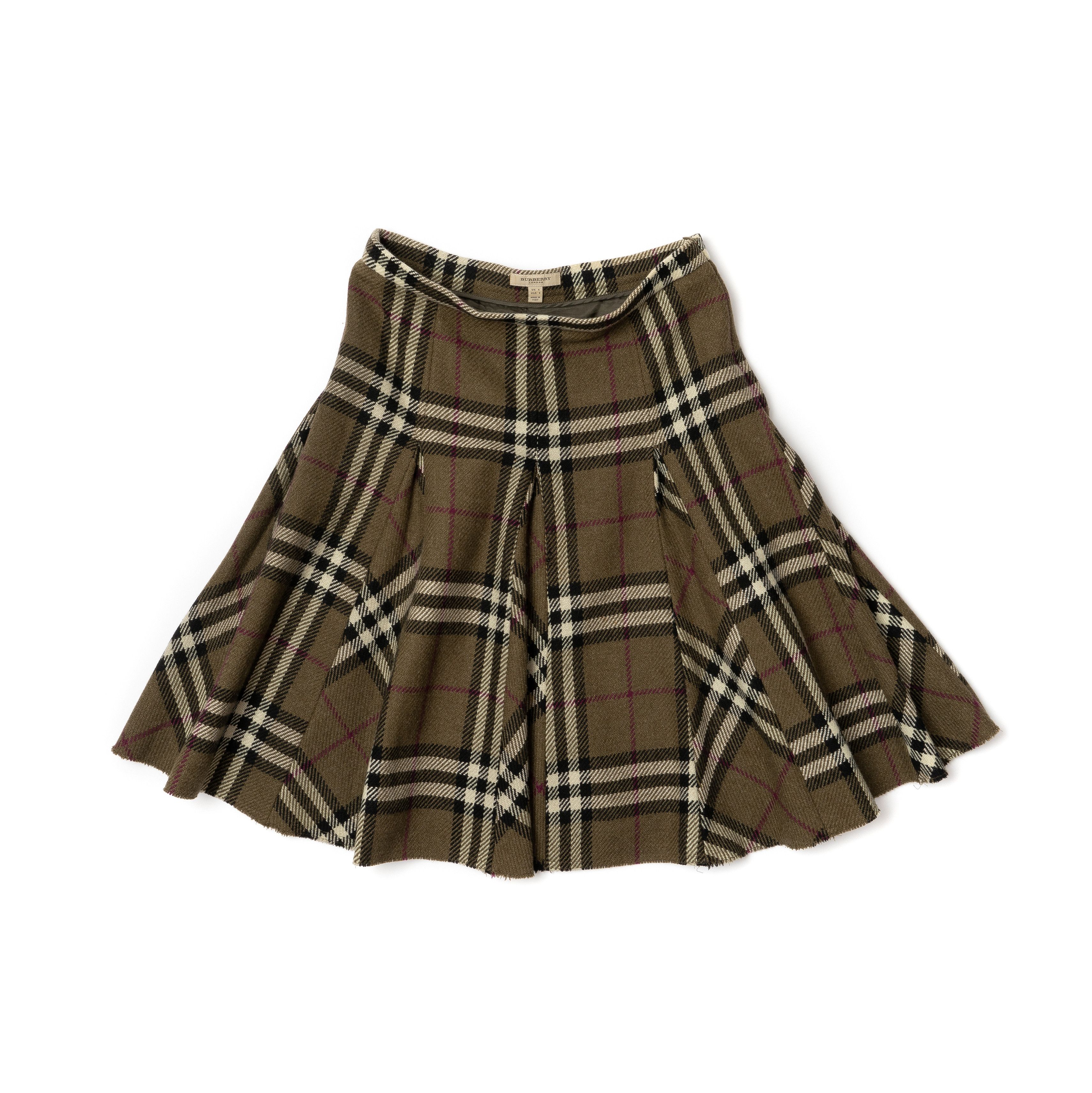 image of Burberry London Green Check Plaid Pleated Wool Mini Skirt, Women's (Size 26)