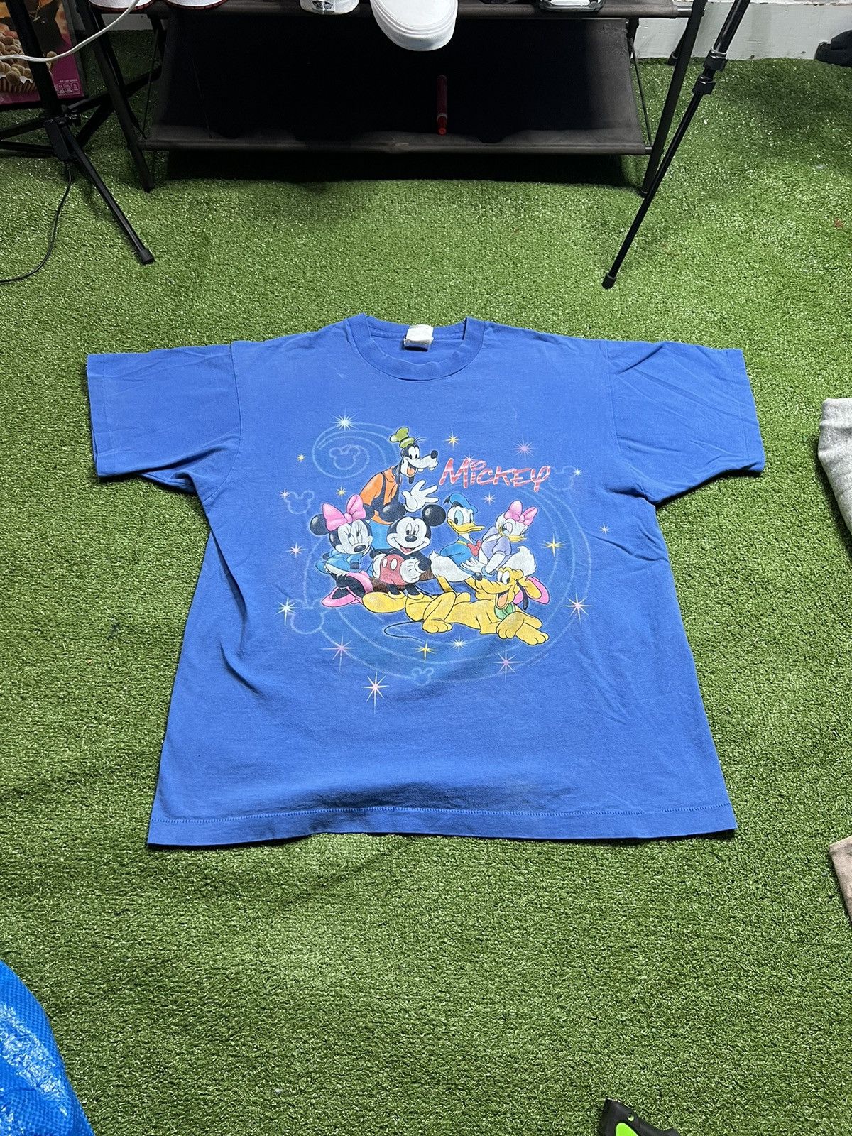 Vintage Disney Store Mickey Mouse Embroidered Logo Blue Striped T-Shirt