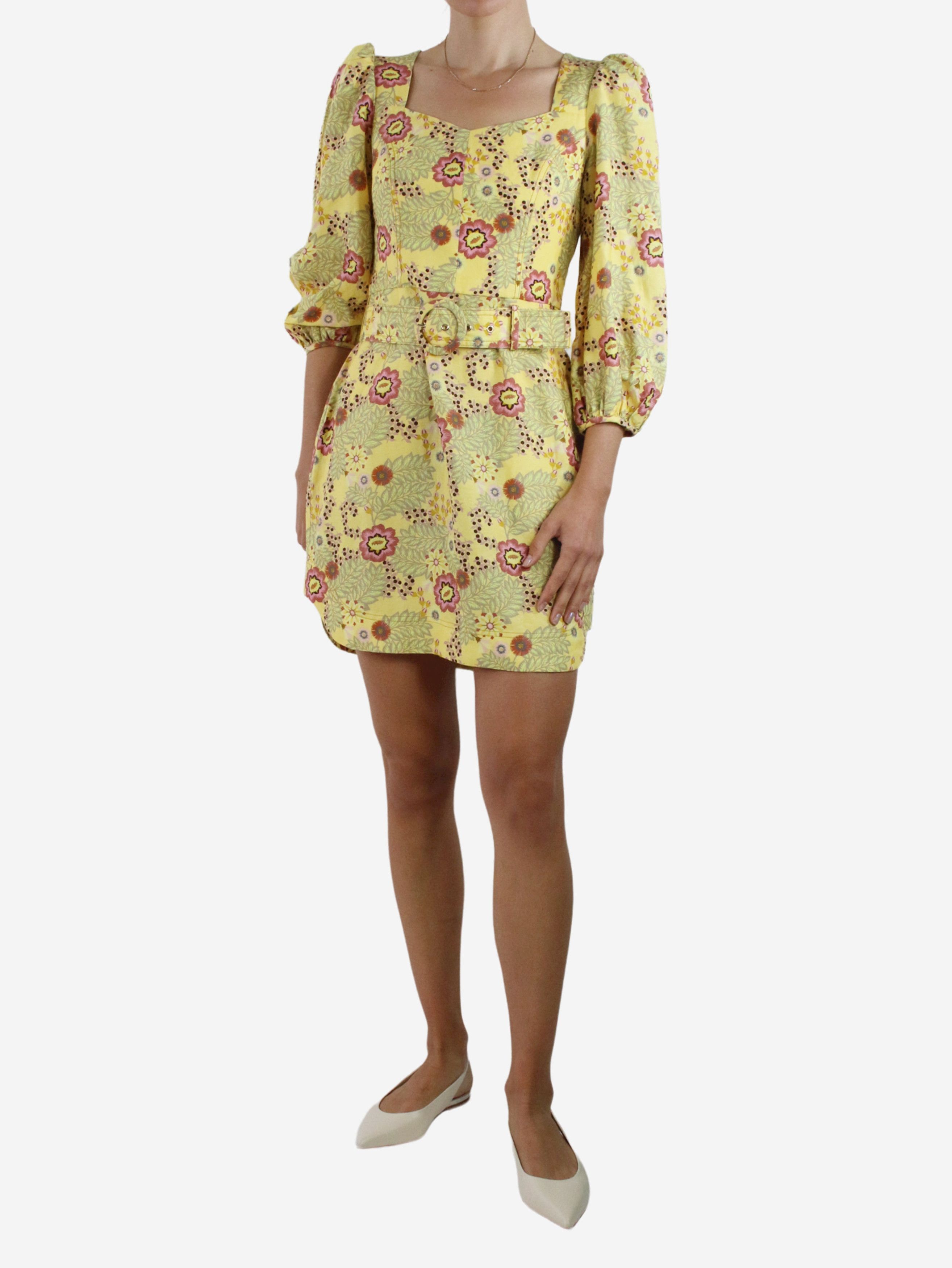 Yellow long-sleeved floral dress with belt - size UK 10